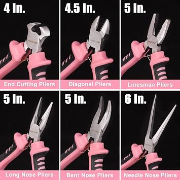 COMOWARE 6-Piece Mini Pliers Set, Needle Nose, Long Nose, Bent Nose, Diagonal, End Cutting and Linesman, for Crafts Work, Electronic Repair, with Pink Pouch