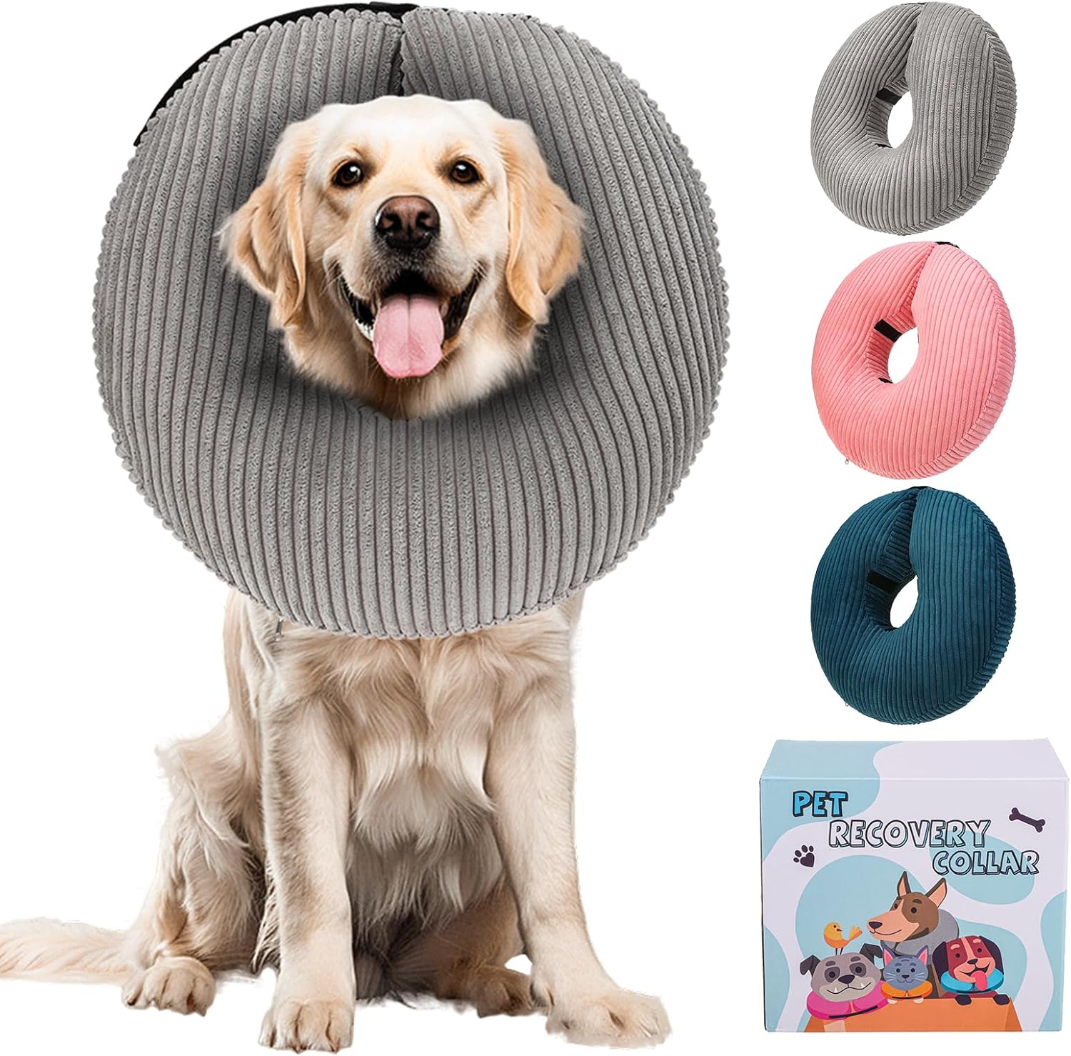 BINGPET Inflatable Dog Cone Collar Alternative After Surgery,Soft Recovery Cone for Dogs to Stop Licking, Blow up Protective Neck Donut ECollars Adjustable for Large Medium Small Puppy Pet, Grey XL