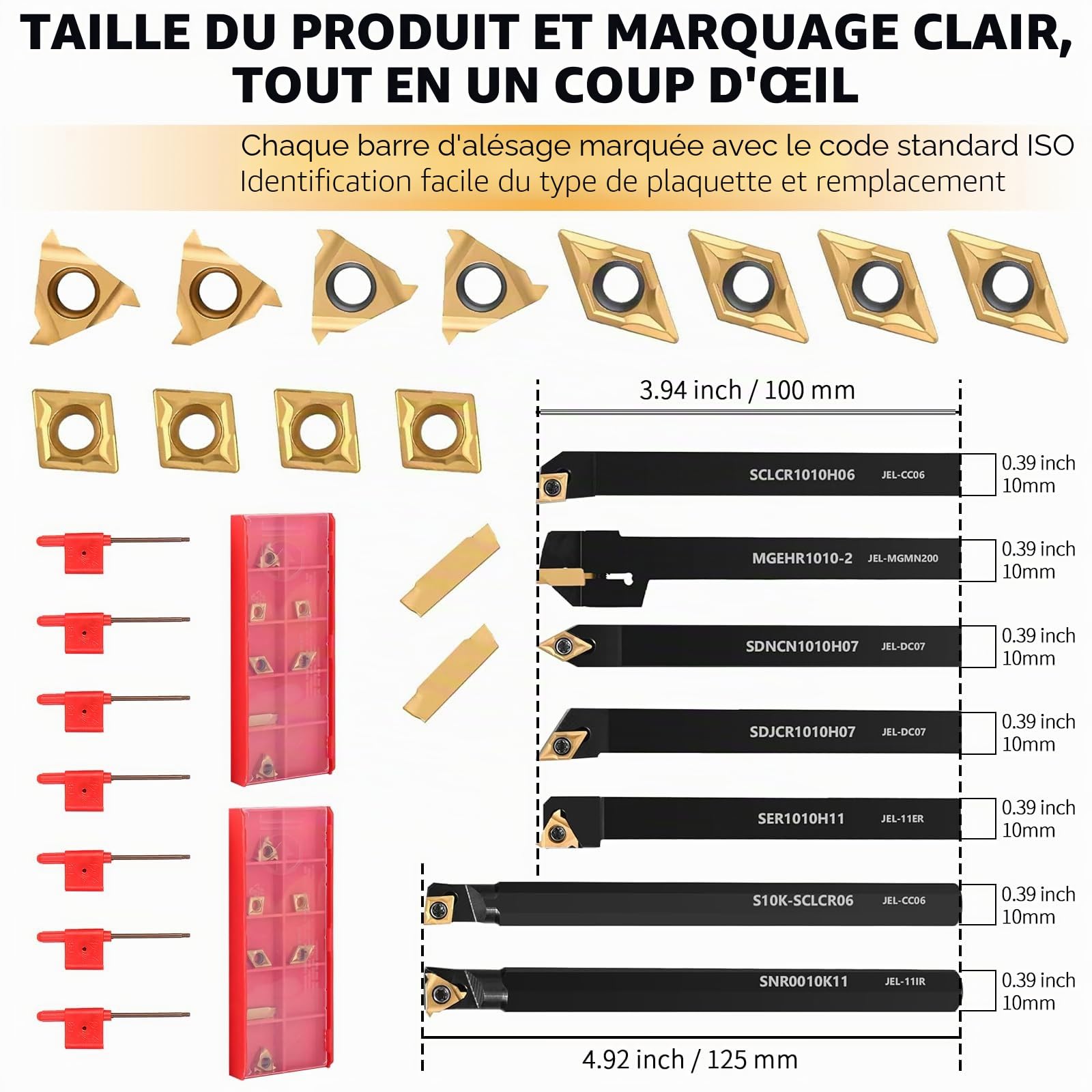 28 Pièces 8mm Outils de Tournage, Outil Tour à Métaux avec 7 Barres à Aléser, 14 Inserts en Carbure et 7 Clés, Adapté au Tournage, à La Rainurage, au Filetage et à l'alésage sur Mini Tours Metaux