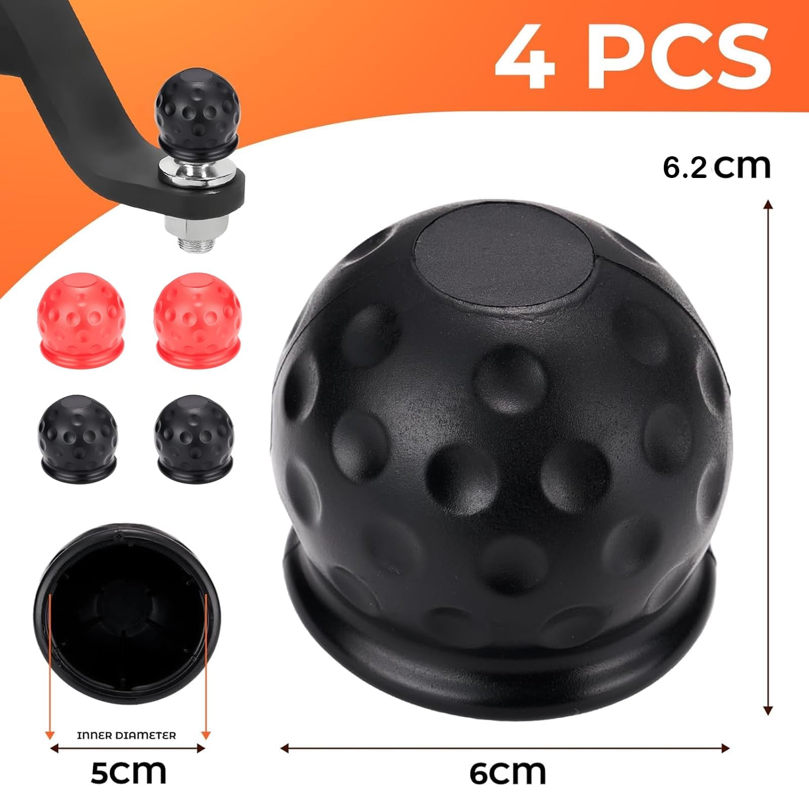 Anhängerkupplung Abdeckung, 4 Stück Kugelkopfschutz für Auto und LKW, Abdeckkappe für Anhängerkupplungen, Verhindert Korrosion bei Regen und Autowäsche, Zwei Schwarze und Zwei Rote Schutzkappen - 3