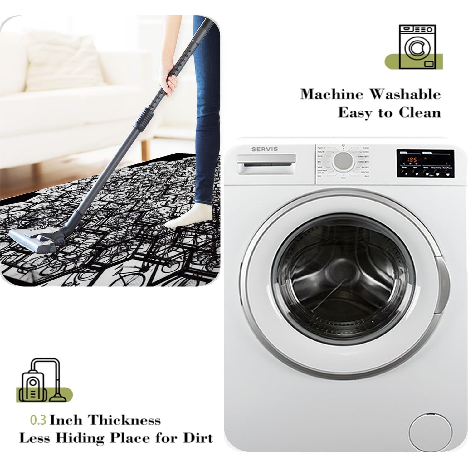 Tappeto antiscivolo 160 x 230 cm nero per soggiorno, tappeto lavabile in lavatrice per camera da letto - Corridori con modello bicicletta per cucina, sala da pranzo e corridoio
