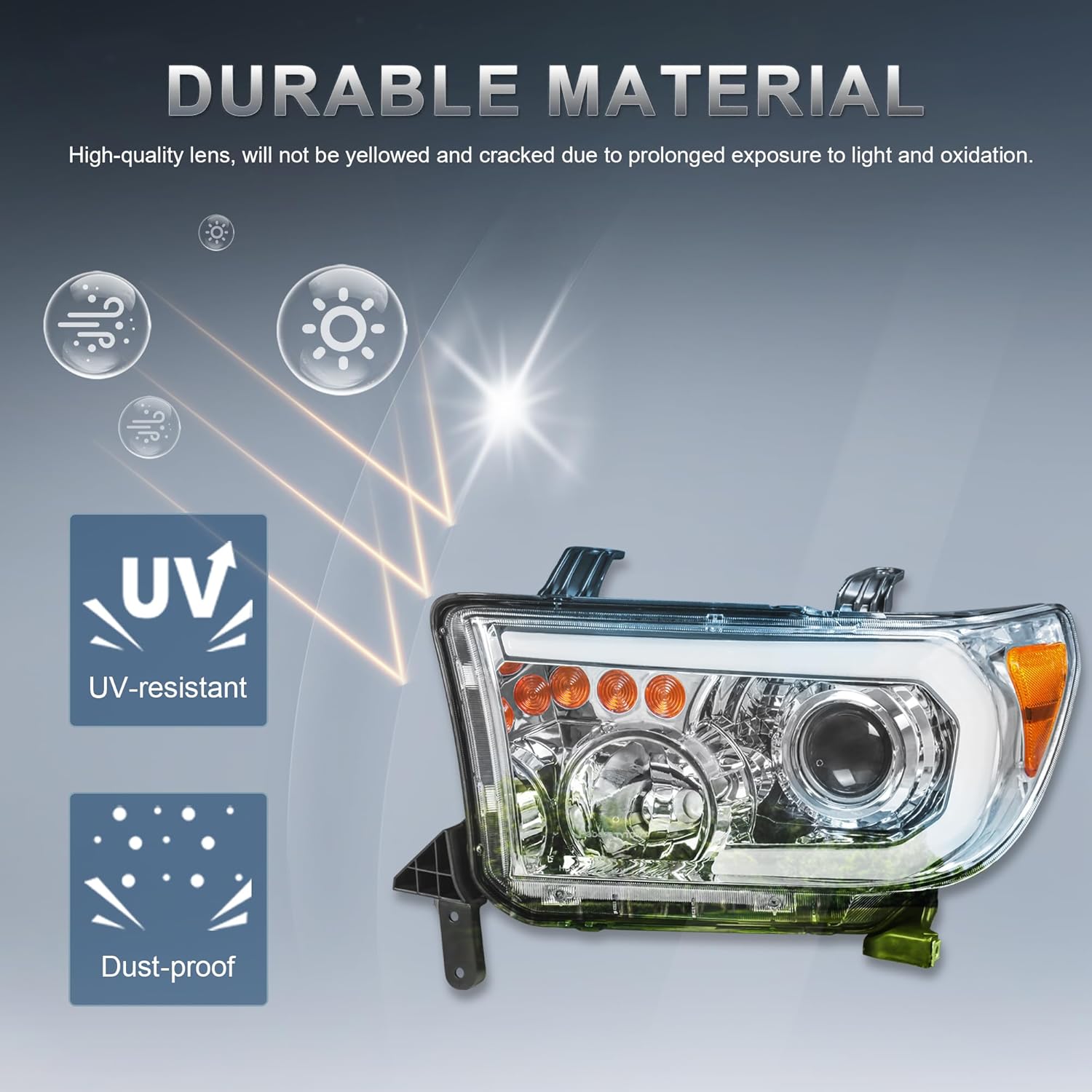 KUIPERAUTO Projectors Headlight Assembly Chrome Headlights with LED DRL/projector low beam Front Lamps Compatible for 2007-2013 Toyota Tundra Chrome Housing/Clear Lens/Amber Corner