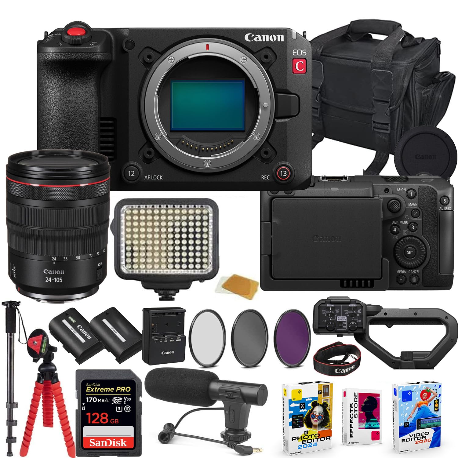 EOS C50 Full-Frame Cinema Camera with 24-105mm USM Lens Bundle with Extra Battery, LED Light, Microphone, 128GB High Speed Memory, Accessory Bundle (30 Items)