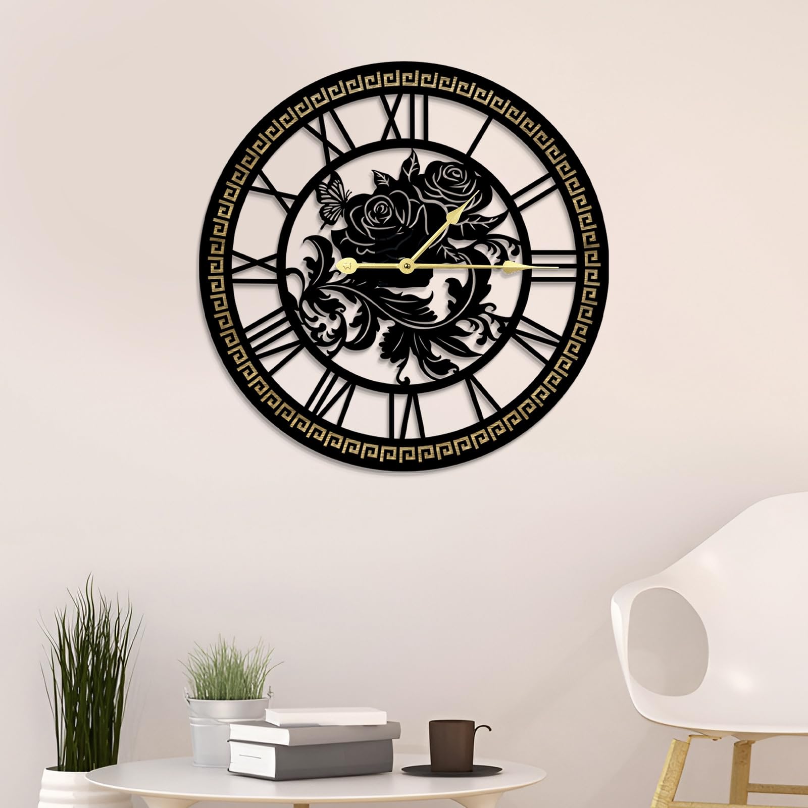 Large Wall Clock, Large Openwork Rose & Butterfly Wall Clocks, Silent Non Ticking Quartz Decorative Clock, Rust Resistant Metal Design, for Living Room, Bedroom, Kitchen