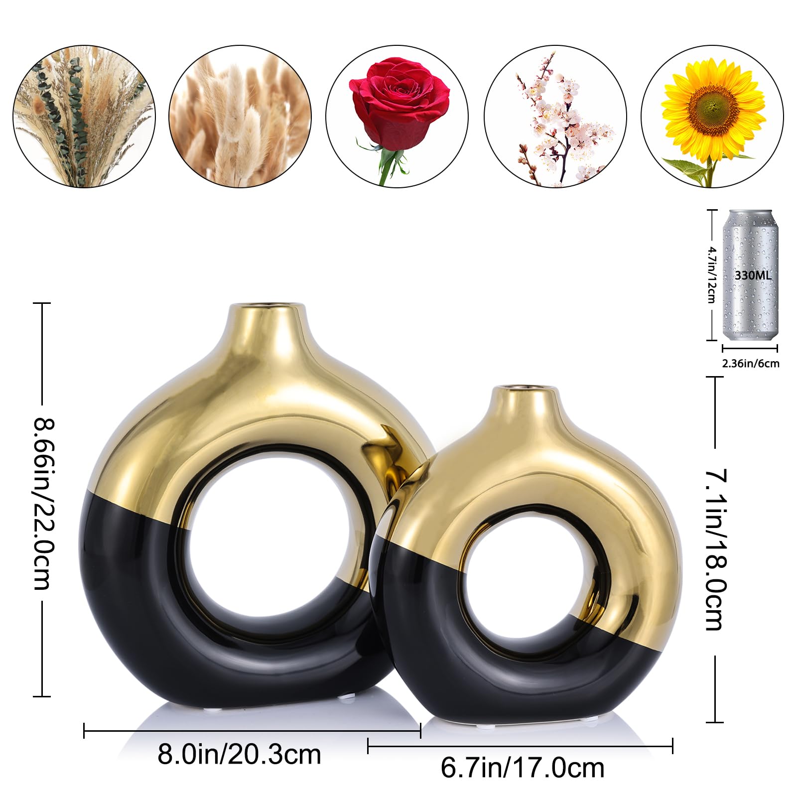 Schwarze und goldene Vase, Deko, Donut-Vasen, Set mit 2 Stück, runde Hohle Vasen, Moderne, Matte Keramikvasen für Eingangsbereich, Wohnzimmer, Schlafzimmer, Esstisch, Tafelaufsatz, Büro
