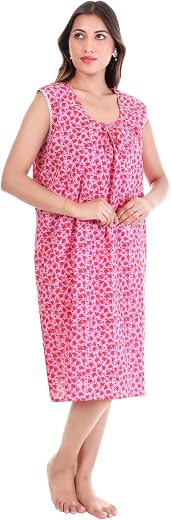 MECHANICAL WEAR Women Pure Cotton Short Nighty | Soft Breathable Printed Nightwear | Knee Length 38 Inch | Sleeveless Comf...
