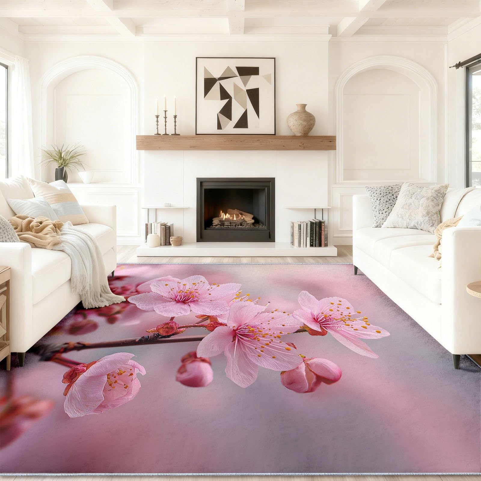 Dywany do salonu, 140 x 200 cm, różowy, można prać w pralce, dywan fotograficzny, miękki w dotyku, antypoślizgowy, nie gubi włosia, łatwy do czyszczenia, rośliny, gałązki, kwiaty, kwiaty wiśni, dywan