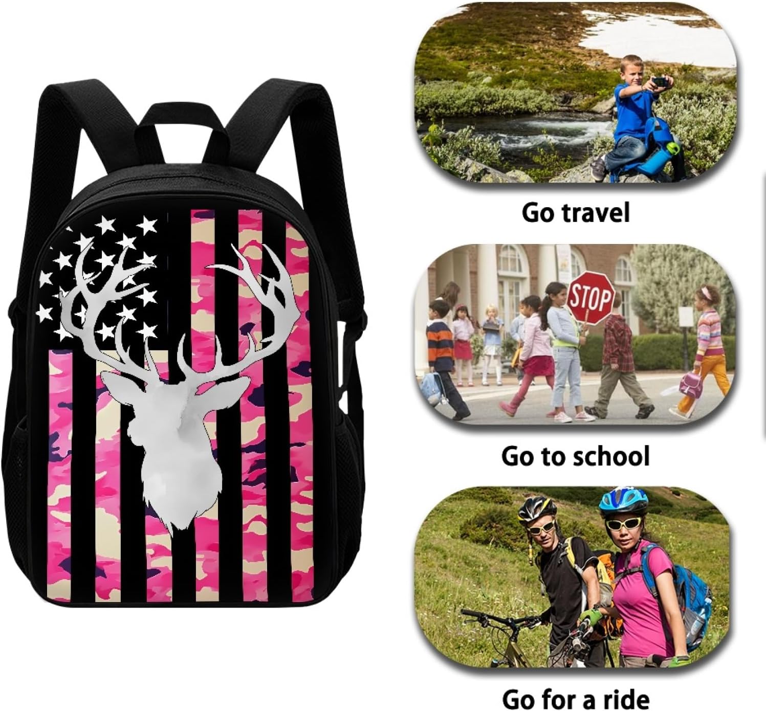 Pink Camo American Flag Deer Backpack Sets, Kids School Bag + Insulted Lunch Bag + Pencel Case for Boys Girls Teens