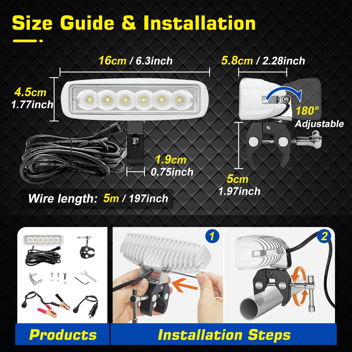 Portable LED Boat Lights With Mounting Clamp, Flexible 6.3inch Super Bright Waterproof Marine Spotlight Flood Light Two Way Power 12V 24V LED Light Bar for Kayak Bass Jon Fishing T-Top Deck Truck 4x4