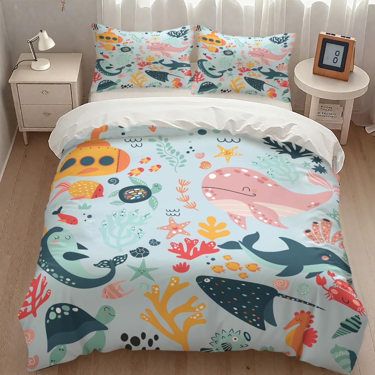 Kids Shark Bedding Duvet Cover Set,Cartoon Sea Underwater Ocean Whale Turtle Seaweed Blue Funny Marine Animal Kids Toddler Comforter Set with Pillowcase for Bedroom Bed Decor,Twin 86"x70"