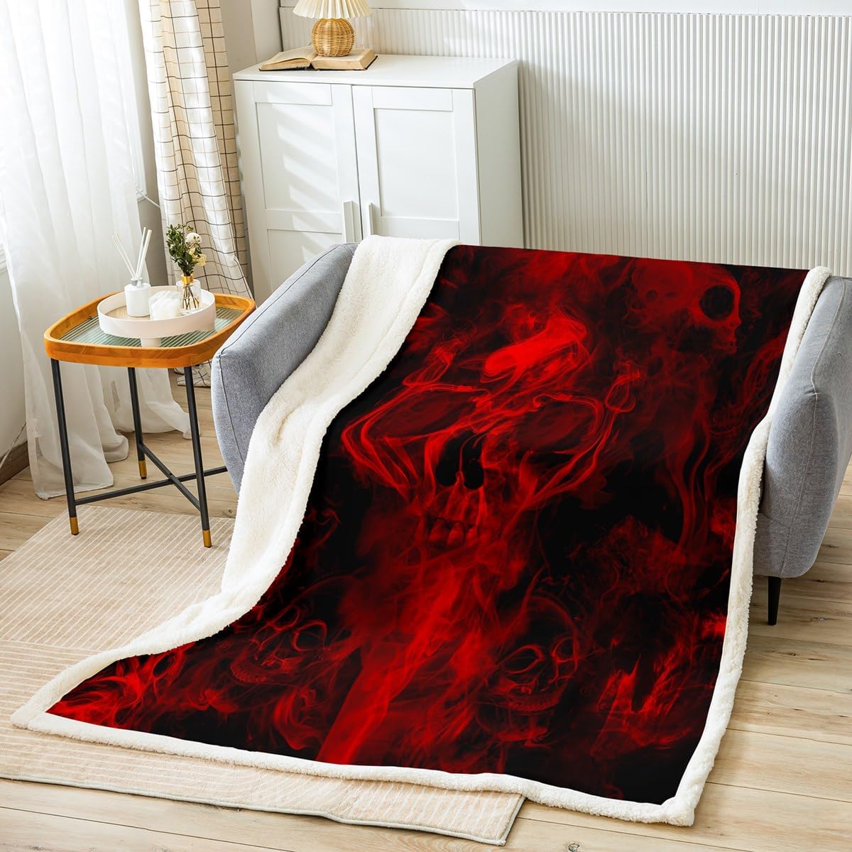 Gothic Skull Throw Blanket Red And Black Skeleton Fleece Blanket Twin 60"X80" For Boys Adults Bed Sofa Couch,Psychedelic Goth Skull Sherpa Blanket Trippy Smoke Flannel Blanket For Travelling Camping
