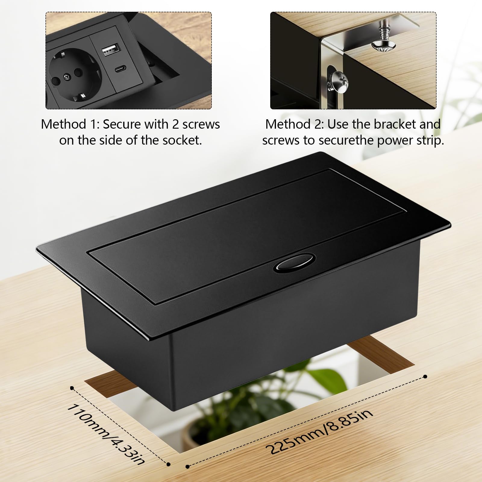 Aluminium Enchufe de Mesa Empotrable, Salida de Enchufe Retráctil con 3 Enchufes, Puertos USB y Tipo C, 4000W/16A Regleta Retráctil para Cocina, Escritorio y Oficina, Cable de 1,8M