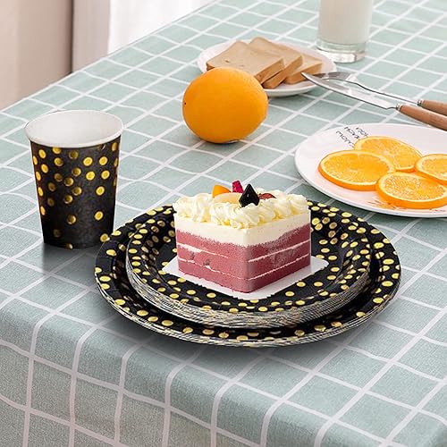Miniatura 5 de Paquete de 50 platos de papel negros y dorados, 7 pulgadas, metálicos con lunares de papel de aluminio, desechables, platos de postre para fiestas,