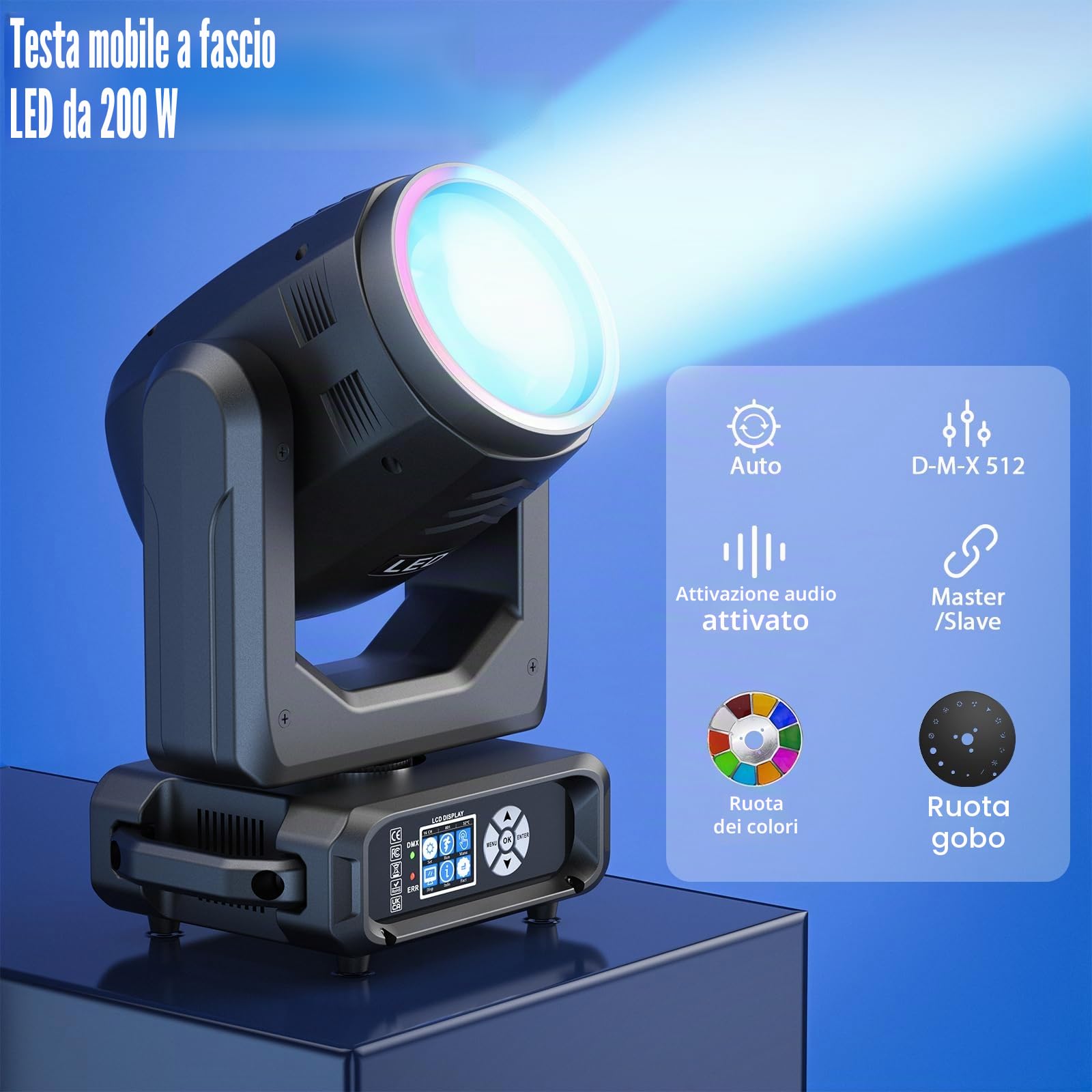 Teste Mobili LED Beam da 200W, Zoom Elettronico 18 Prismi 11+1 Colori e 14+1 Motivi Effetto di Atomizzazione LED RGB d-mx512 (16CH) per Palcoscenico Matrimoni DJ Feste e Natale