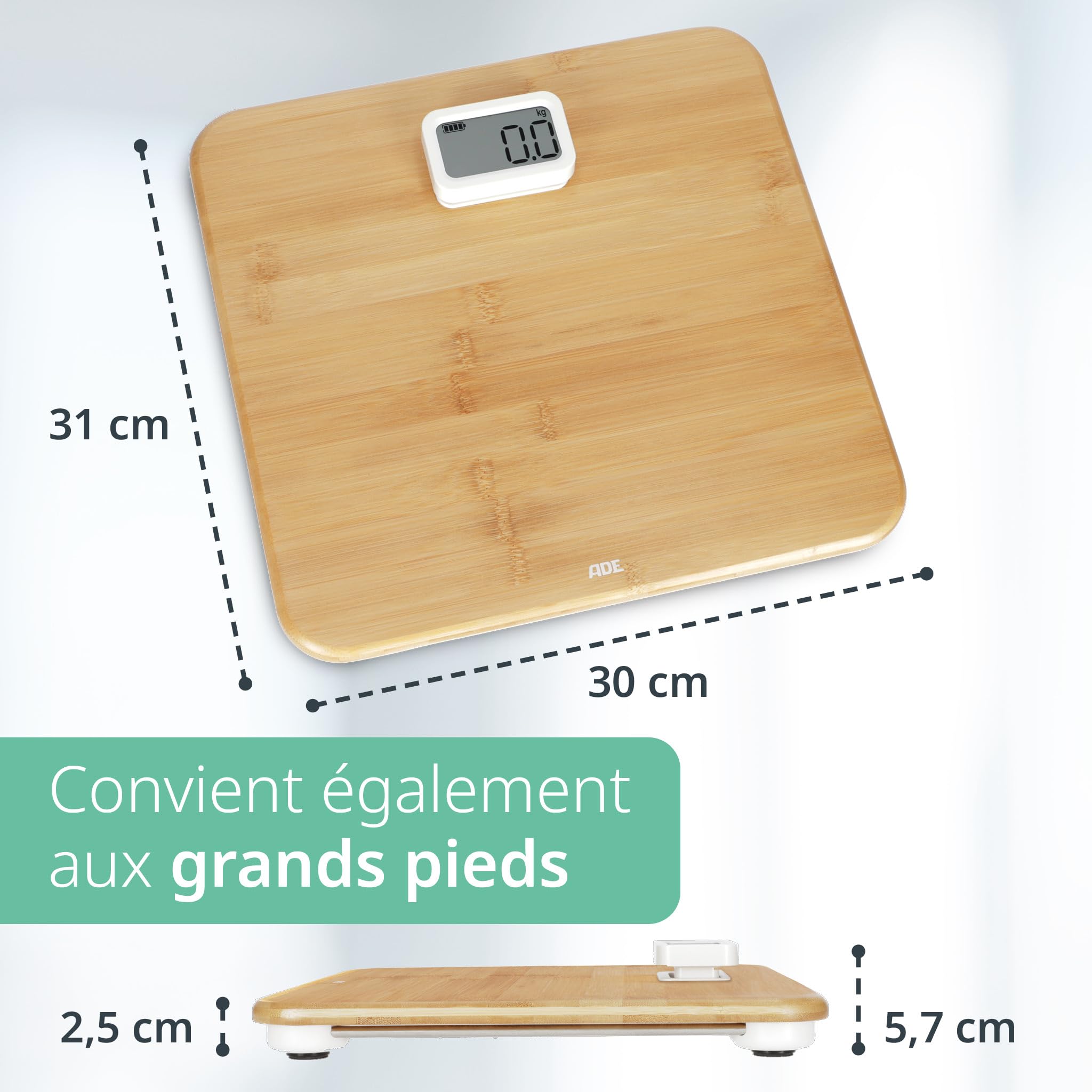 ADE Pèse-personne numérique | Sans piles avec dynamo | Pèse-personne écologique avec surface de pesage en bambou renouvelable | Jusqu'à 150 kg