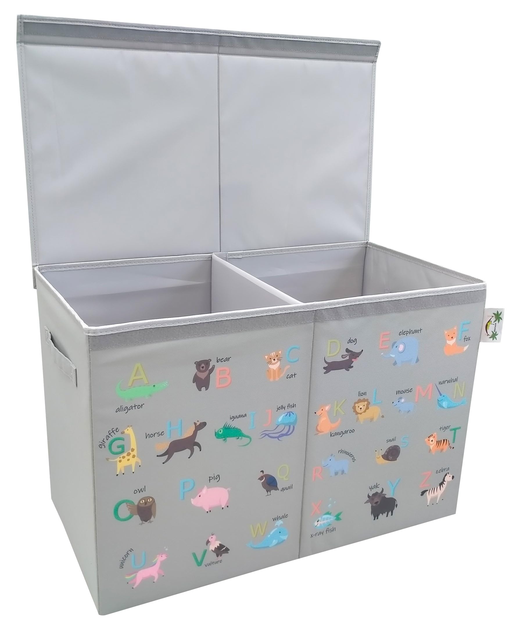 Ezylivin Large Toy Box Storage with Lid – Sturdy, Foldable Kids Storage Chest for Toys, Games, Clothes & Bedding – Educational Animal Alphabet Organiser for Bedroom, Nursery & Playroom. (Grey)