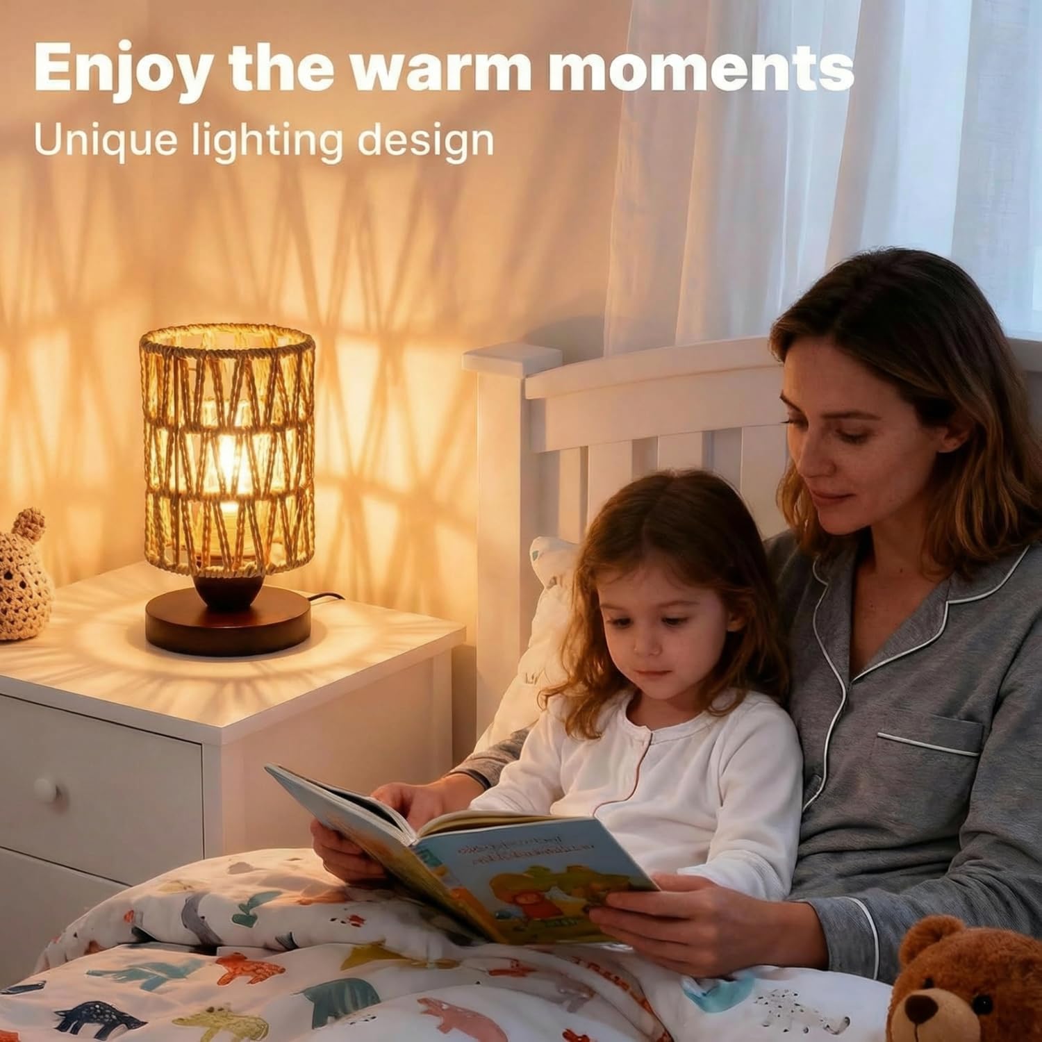 Stepless Dimming Boho Small Table Lamp,Vintage Wicker Wooden Nightstand Bamboo Woven End Table Lamps,Farmhouse Rattan Beside Lamp for Room Decor, for Bedroom Living Room Desk Kids Room, Round (D)
