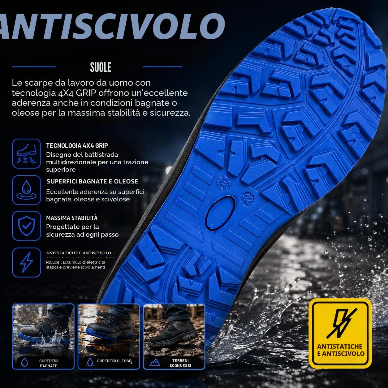 BWOLF Spire Scarpe da Lavoro da Uomo S3 Scarpe Antinfortunistiche Uomo S3 Impermeabili, Resistenti all'olio, Antiscivolo con Tecnologia 4x4 Grip con Suola Intercambiabile ergonomica, Blu/Nero, 43 EU