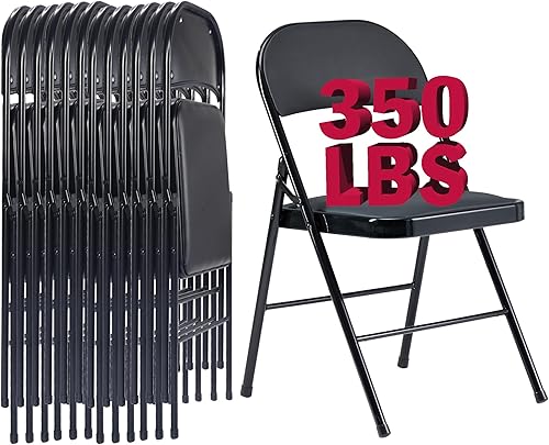 Paquete de 12 sillas plegables negras con cojín acolchado y respaldo, sillas plegables acolchadas con marco de acero, asiento comercial apilable