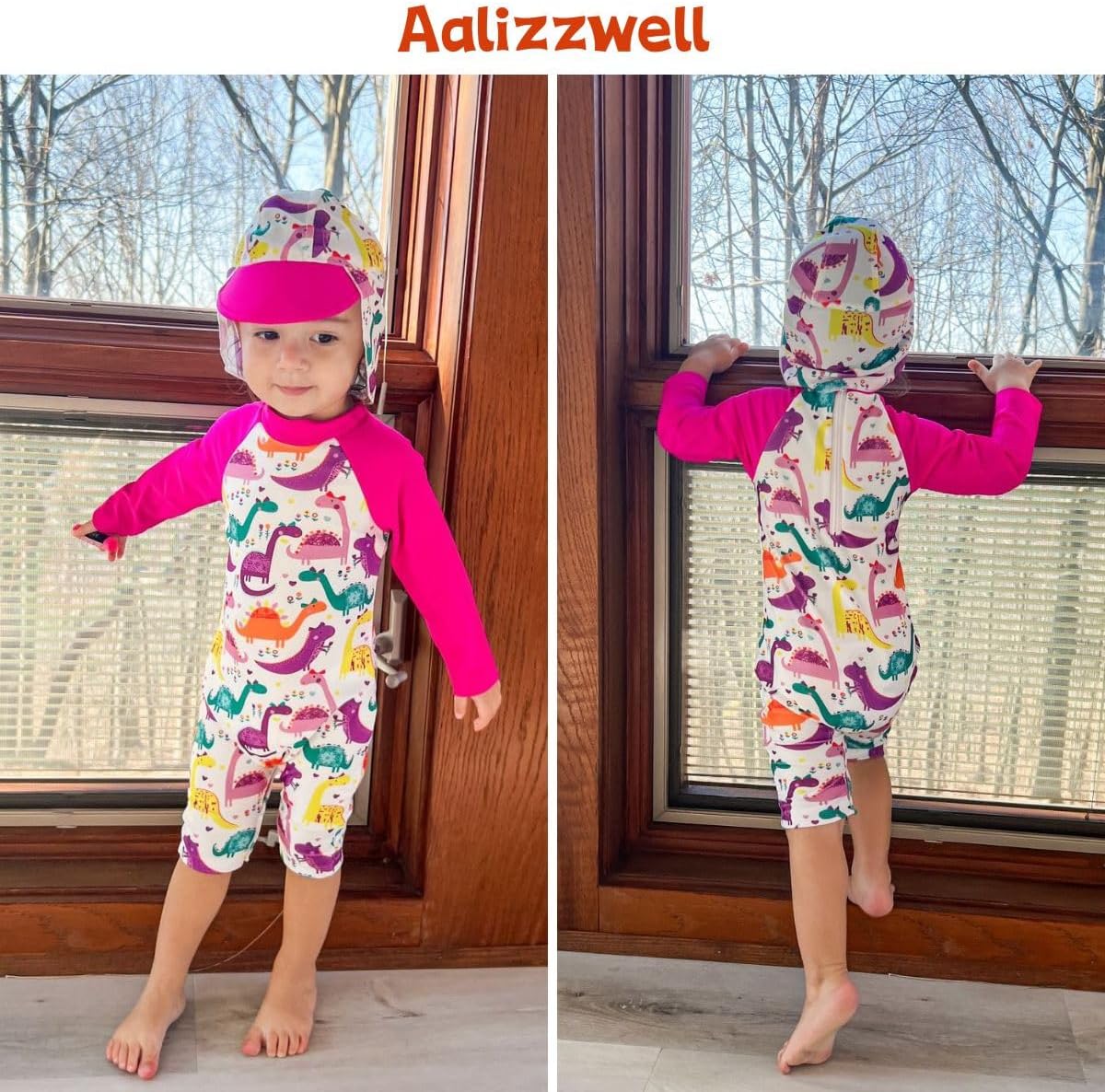 Aalizzwell Baby Girls Long Sleeve One Piece Bathing Suit with Hat - Image 2