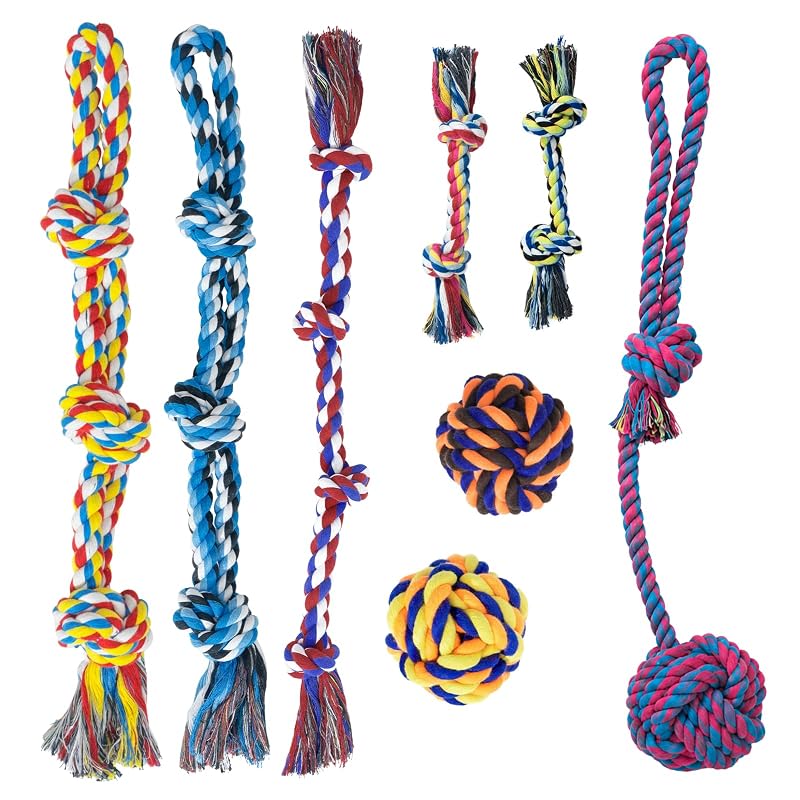 Brinquedo de Corda para Cães em Algodão Natural HGB para Puxar e Mastigar, Multicolorido, Pacote com 8
