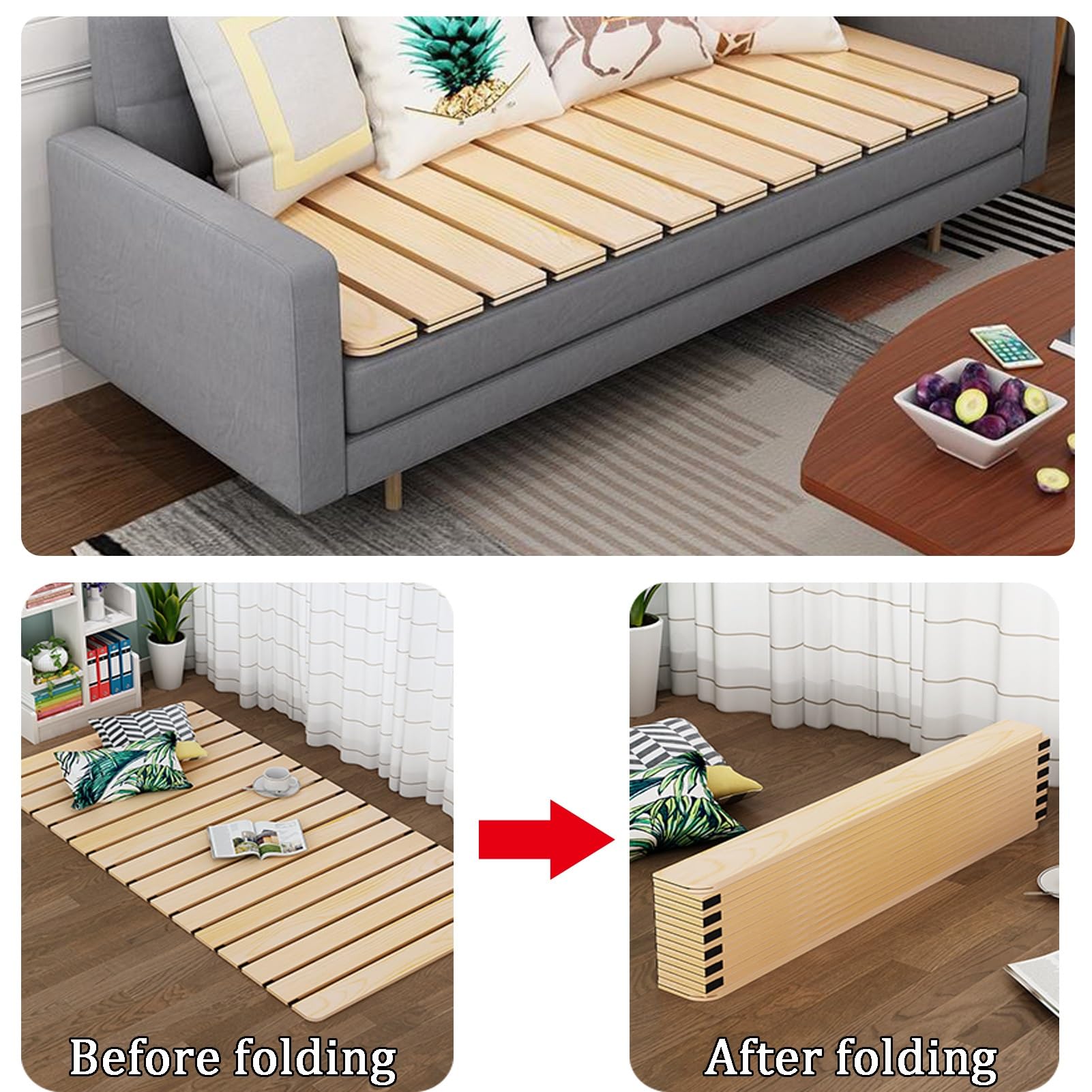 Massivholz-Bettstützlatten für Einzelbett, 60 x 90 cm, faltbares und atmungsaktives Design, aufrollbare Schlafmatratze mit Nylonschnur, verbessert Ihren Schlafkomfort und Unterstützung