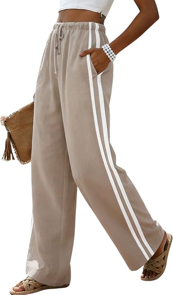 MINSURE Womens Linen Palazzo Pants Summer Wide Leg High Waist Side Striped Casual Flowy Beach Trousers with Pockets