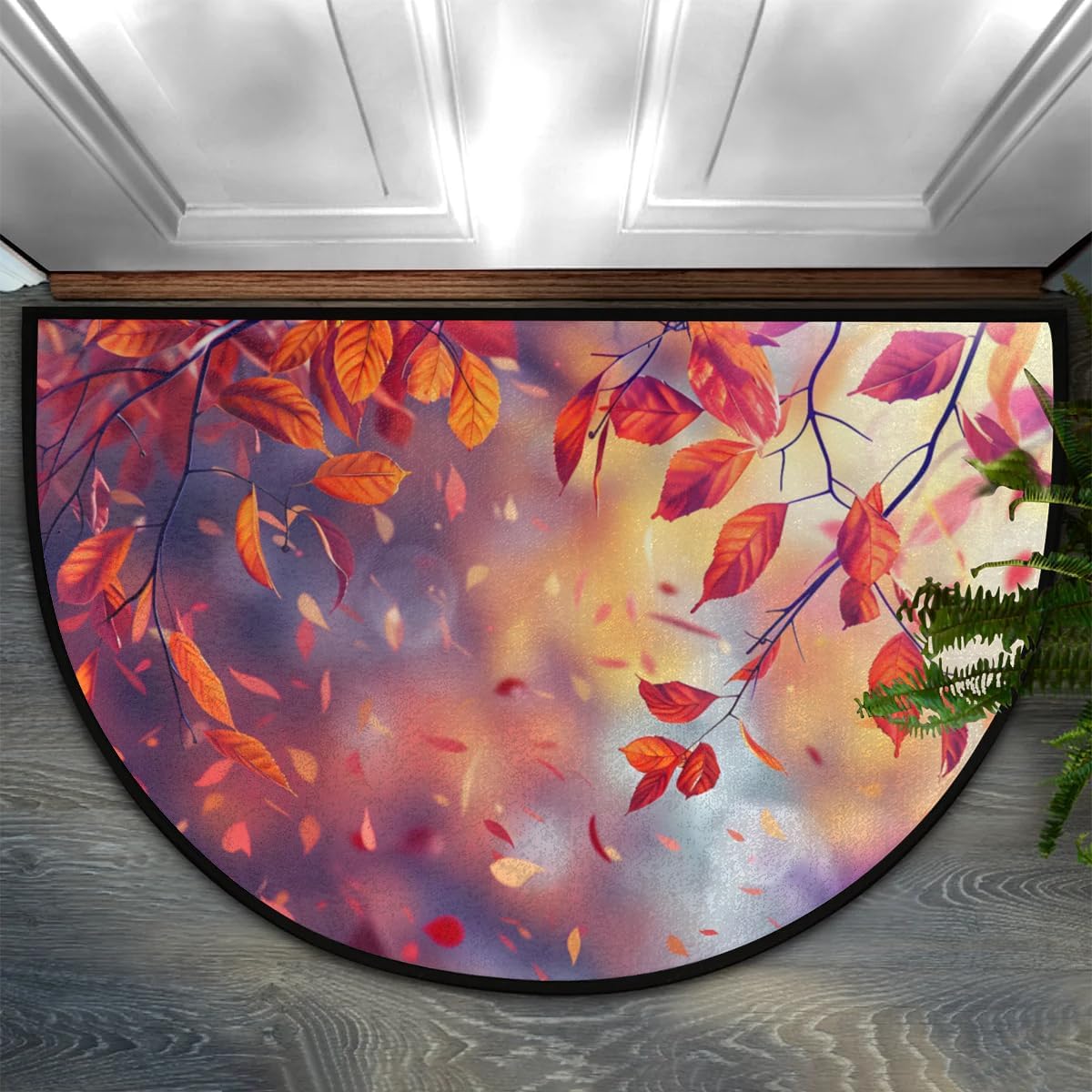 Fall Plant Maple Leaves Half Round Door Mat, Non-Slip Entrance Welcome Mat for Indoor Semi Circle Bathroom Floor Rugs Outdoor Mats House Entry Way Heavy Duty Doormat for Kitchen Living Room 36x24 Inch
