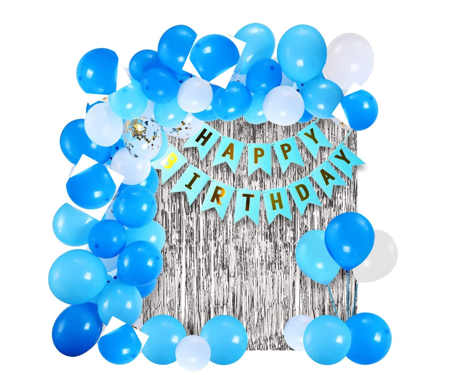 DIVERTISSEMENT PARADISE Birthday Decoration Kit Included 30pcs Dark Blue Light Blue White Balloons With 2pcs Silver Foil Curtains and Blue Happy Birthday Banner For Birthday Decoration
