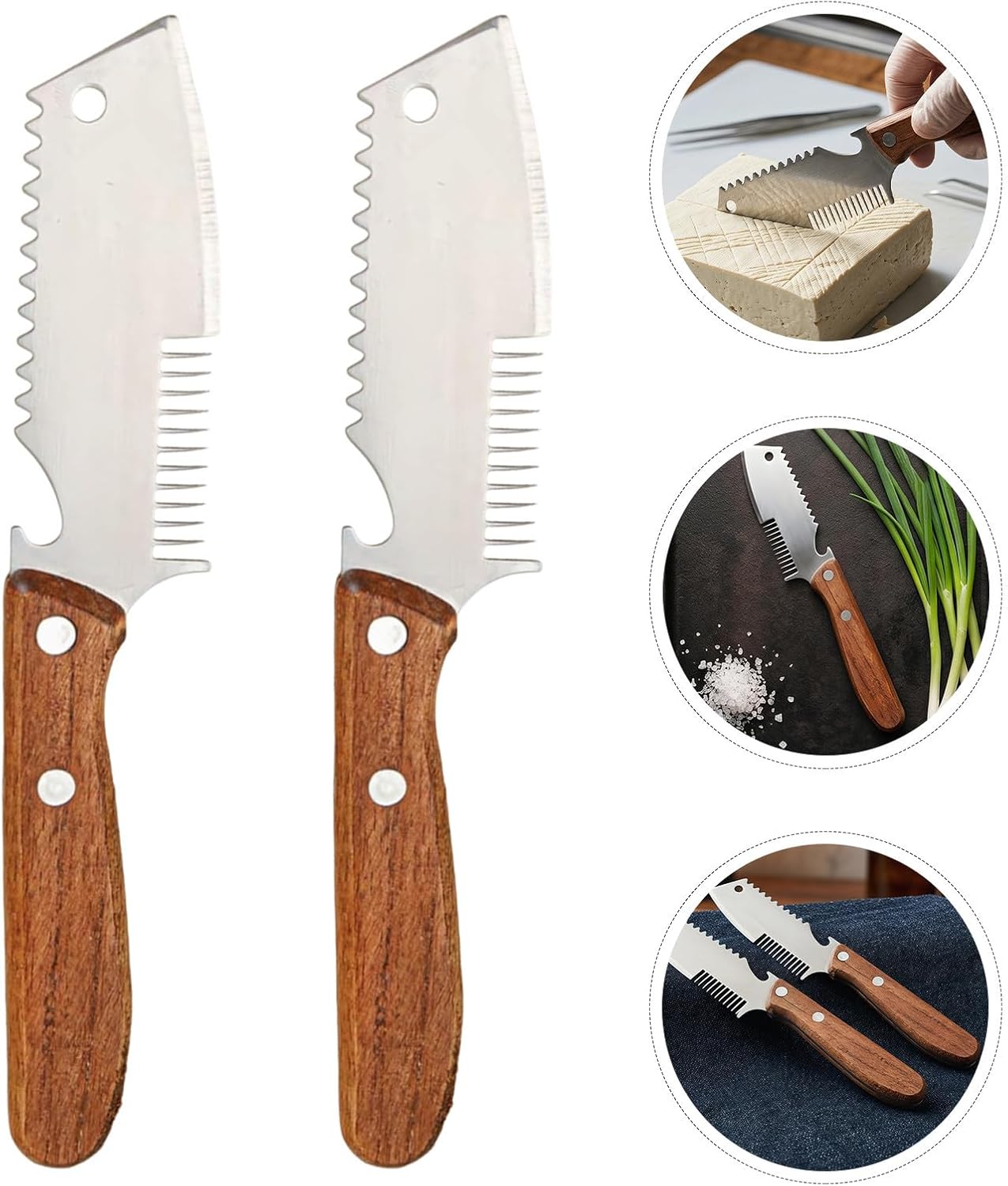 2pcs Stainless Steel Julienne Slicer for Scallion and Green Onion with Wooden Handle, Quick Vegetable Preparation and Safe Comfortable Grip for Kitchen and Salad Use