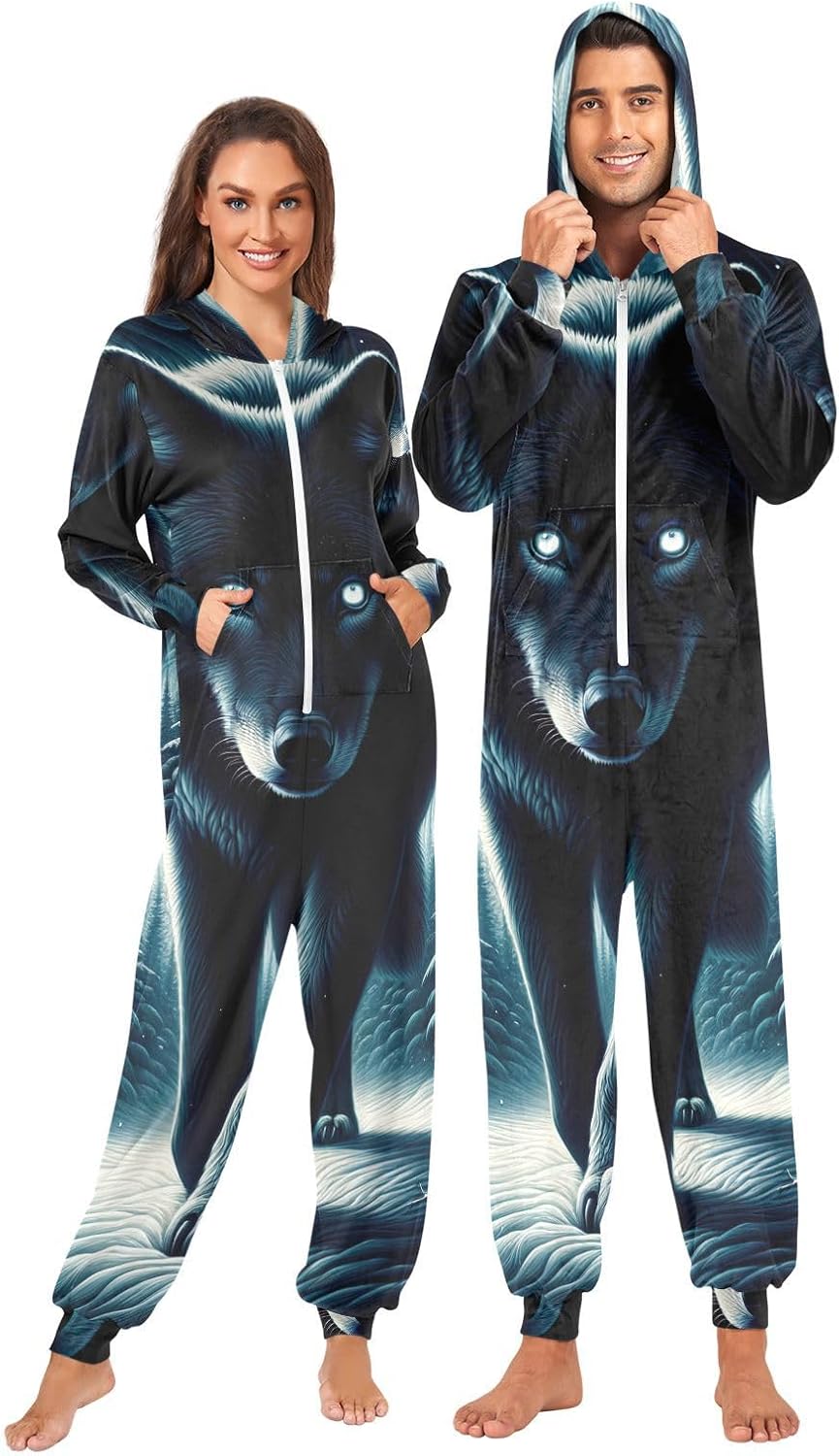 GAIREG Winter Wolf Forest Dark Winter Onesie for Women Men, Adult Womens Christmas Onesie Pajamas