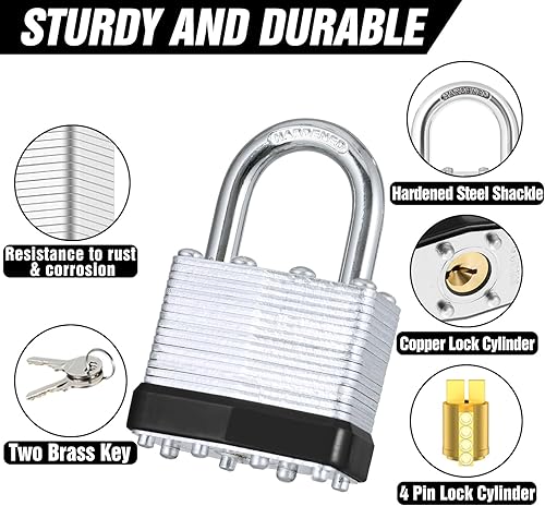 Miniatura 2 de 6 candados con las mismas llaves, acero laminado negro plata (1-916 pulgadas, 1.575 in), grillete normal para cobertizos, puertas, vallas, caja de