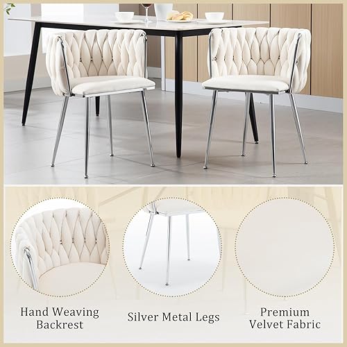 Miniatura 4 de Juego de 2 sillas de comedor de terciopelo, sillas de comedor tapizadas tejidas, sillones de ocio de lujo, sillas decorativas modernas con patas de