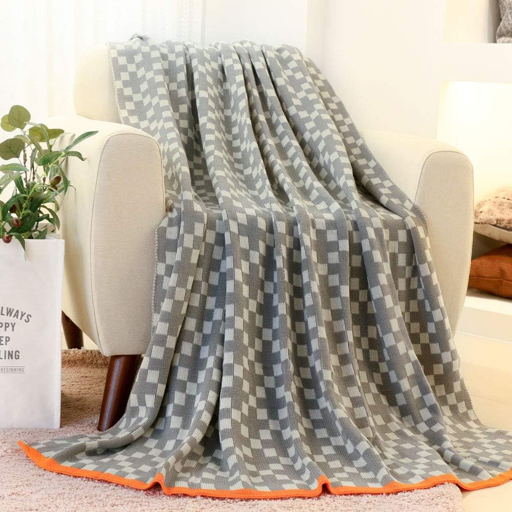 FY FIBER HOUSEGrey Plaid Knitted Throw Blanket for Sofa Couch Home Decor, Soft & Cozy Knit Throw,50 by 60-inch