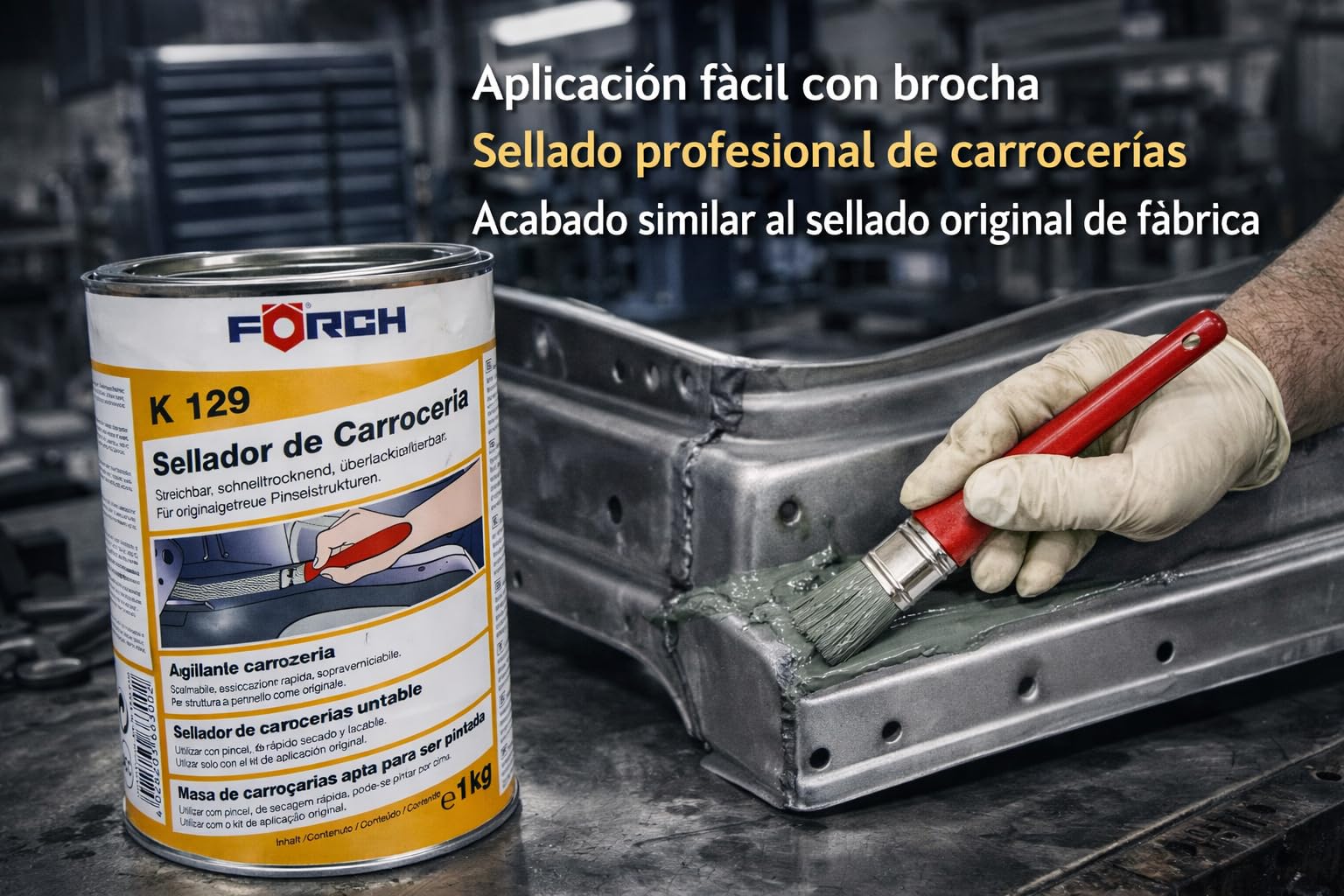 Sellador de Carrocerías a Brocha 1kg K129 Gris/Verde, Masilla de Sellado Elástica de Secado Rápido para Juntas y Solapes de Chapa, Pintable y Resistente a Gasolina, Caucho de Nitrilo para Automoción