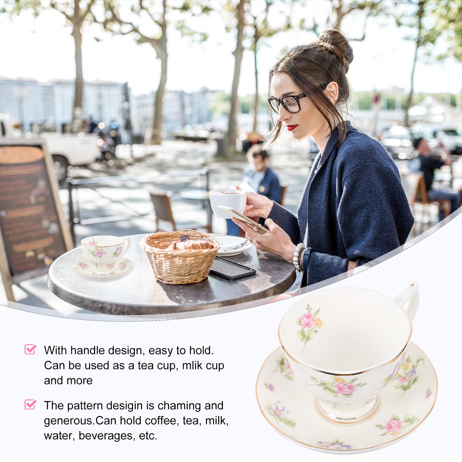1set Tazze da Caffè e Piattini in Bone China con Vassoio Tazza da Tè per Pomeriggio Design Elegante Facile da Pulire Adatto per Caffè Tè e Bevande Varie