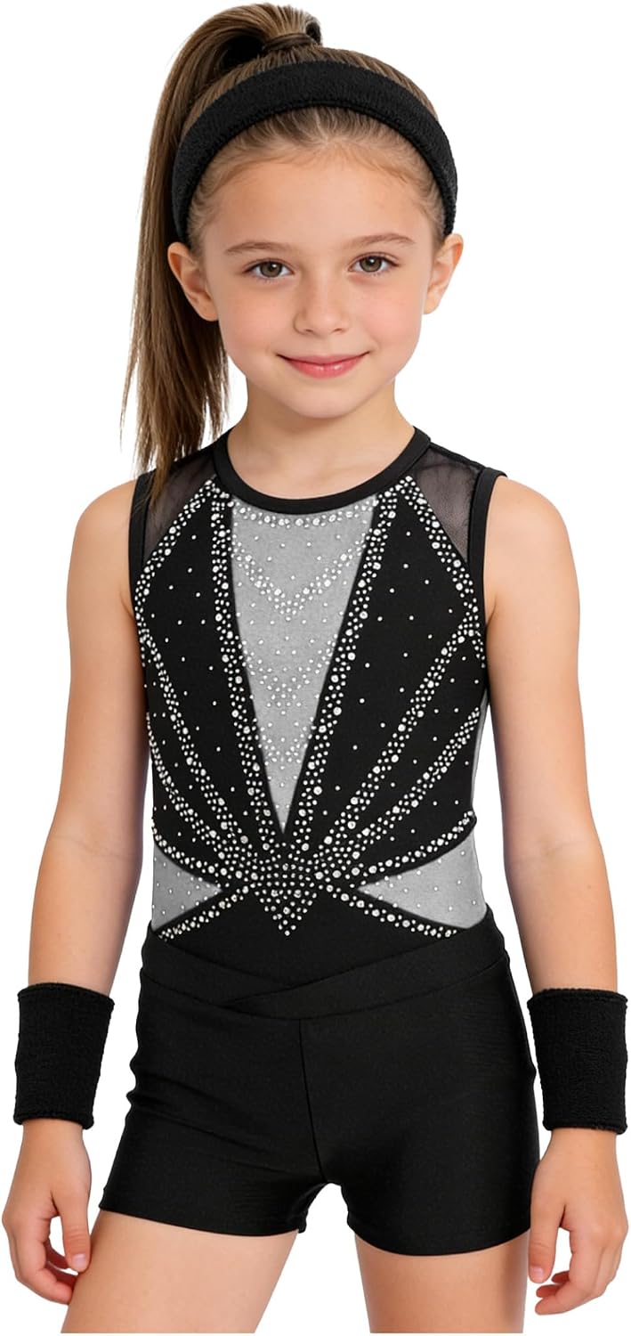 Linjinx Gymnastics Leotards for Girls Sparkly Ballet Dance Unitard Biketard with Shorts Hairband Wristbands Set