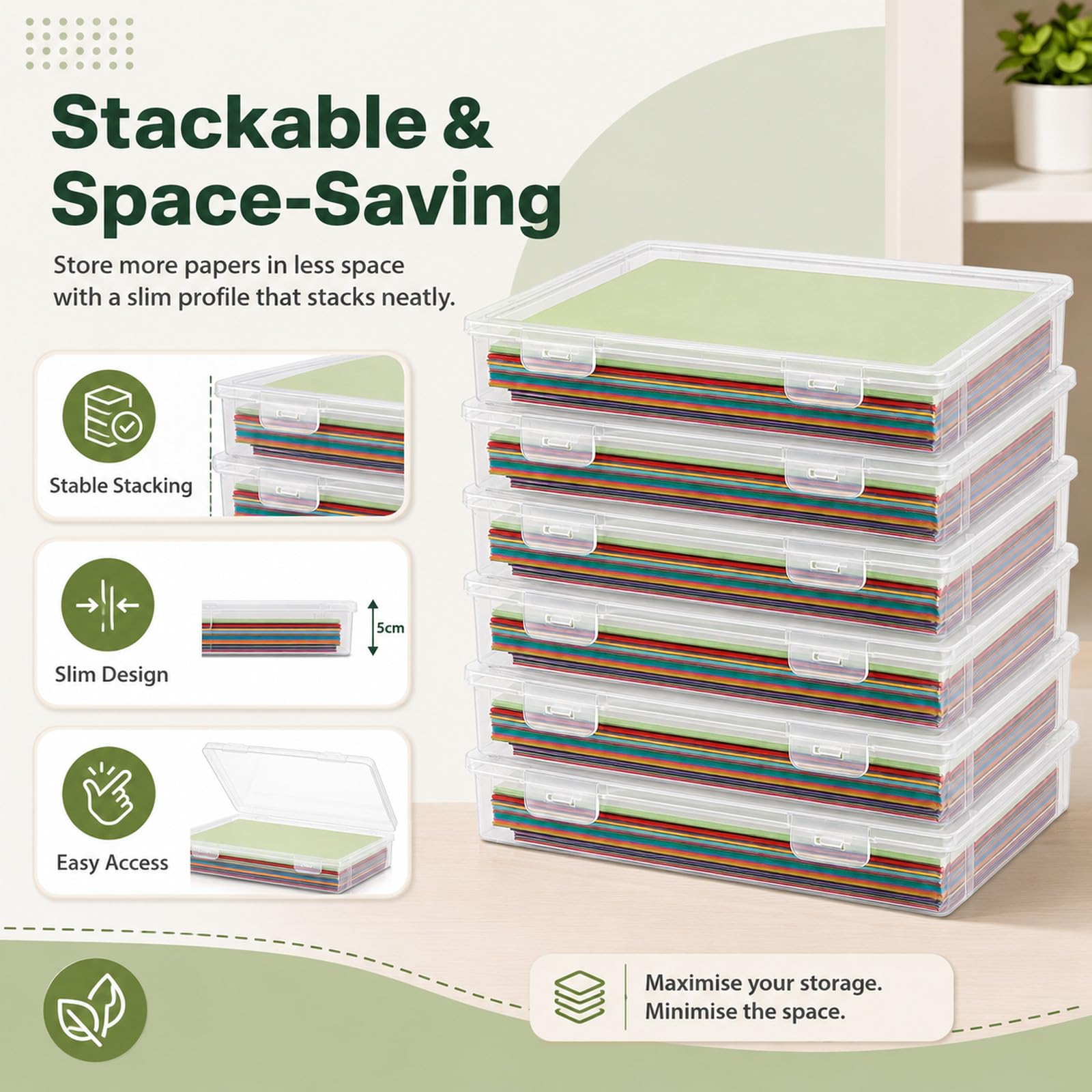 lot de 6 Boite archive A4 en plastique, boites de rangement documents 31 x 22 x 5 cm, boite transparente a4, boites plastique PP pour bureau, école et maison