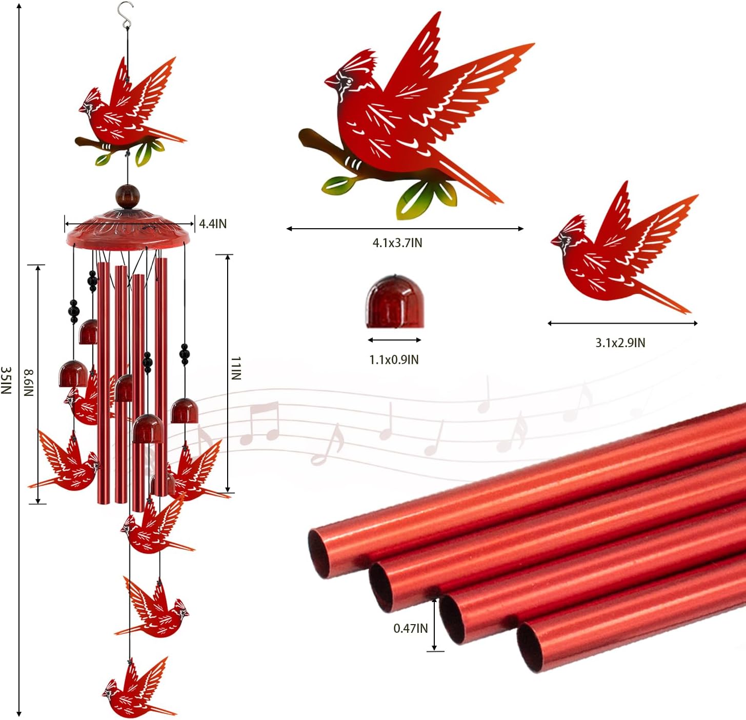 Cardinal Wind Chimes for Outside, Cardinals Gifts for Women,Memorial/Birthday Gifts for Grandma Mom, Metal Red Bird Windchimes with Soothing Tones, Christmas Outdoor Decor for Garden Patio Yard (35")