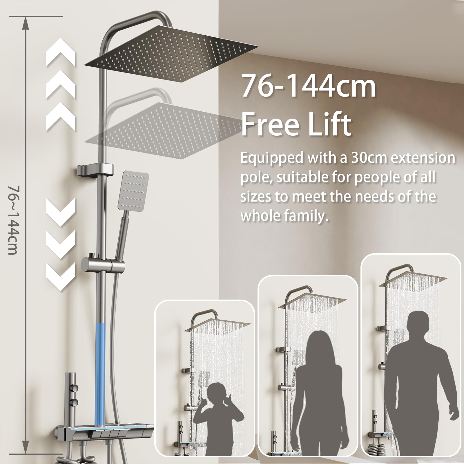 LANMOU Deszczownica z armaturą, kompletny zestaw ze szklaną półką i diodami LED, system prysznicowy ze stali nierdzewnej 30 x 30 cm, prostokątna głowica prysznicowa, zestaw prysznicowy w zestawie
