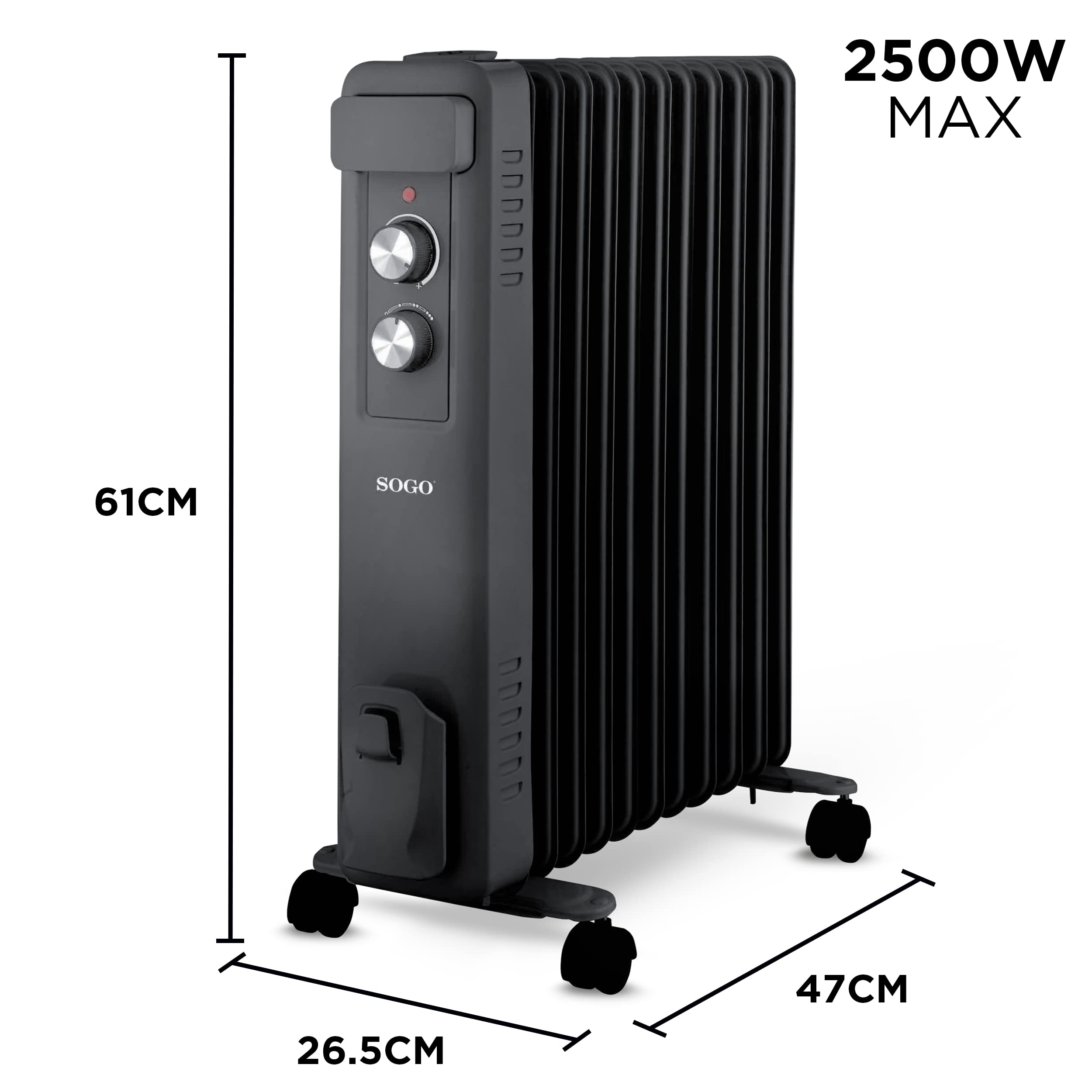 Sogo Radiador Eléctrico Bajo Consumo de Aceite con 11 Elementos - Calefactor Bajo Consumo Silencioso para Habitación - Radiador Eléctrico con Ruedas y Termostato Ajustable - Hasta 2500W de Potencia