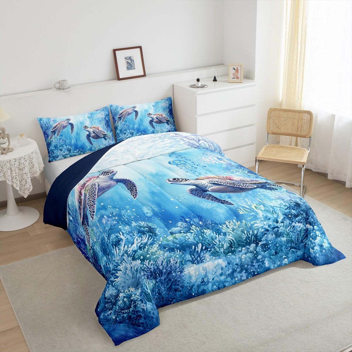 Erosebridal Turtle Comforter Underwater World Comforter Set Full Size,3Pcs,2 Pillowcases for Boys Girls Kids Adults Seaweed Sea Theme Bedding Set Lightweight Ocean Animals Duvet Quilt