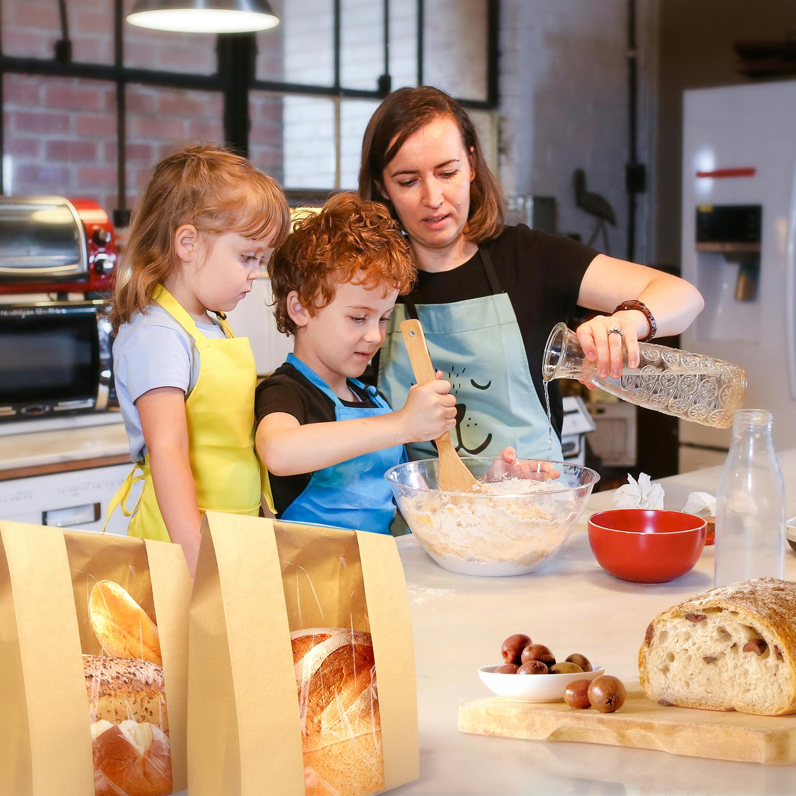 Paquete de 30 bolsas de pan grandes para pan casero de masa madre, bolsas de panadería de almacenamiento de papel kraft con ventana transparente, 50 calcomanías de sellado para sándwich de 5