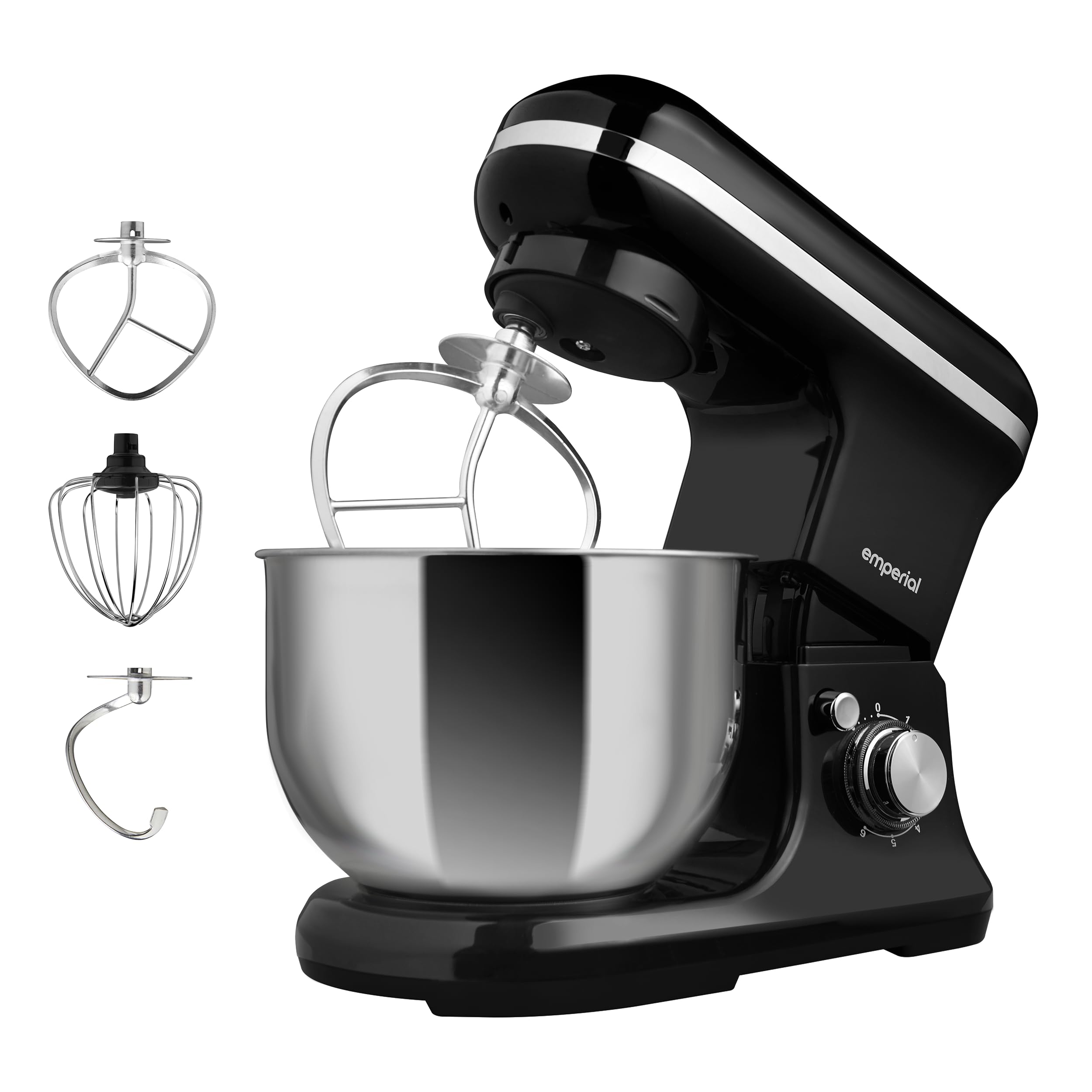 Emperial Stand Mixer | 1200W Food Mixer for Baking with Beater, Dough Hook & Whisk | 5L Stainless Steel Bowl | 6 Speed Electric Kitchen Mixer with Removable Splash Guard (Black)