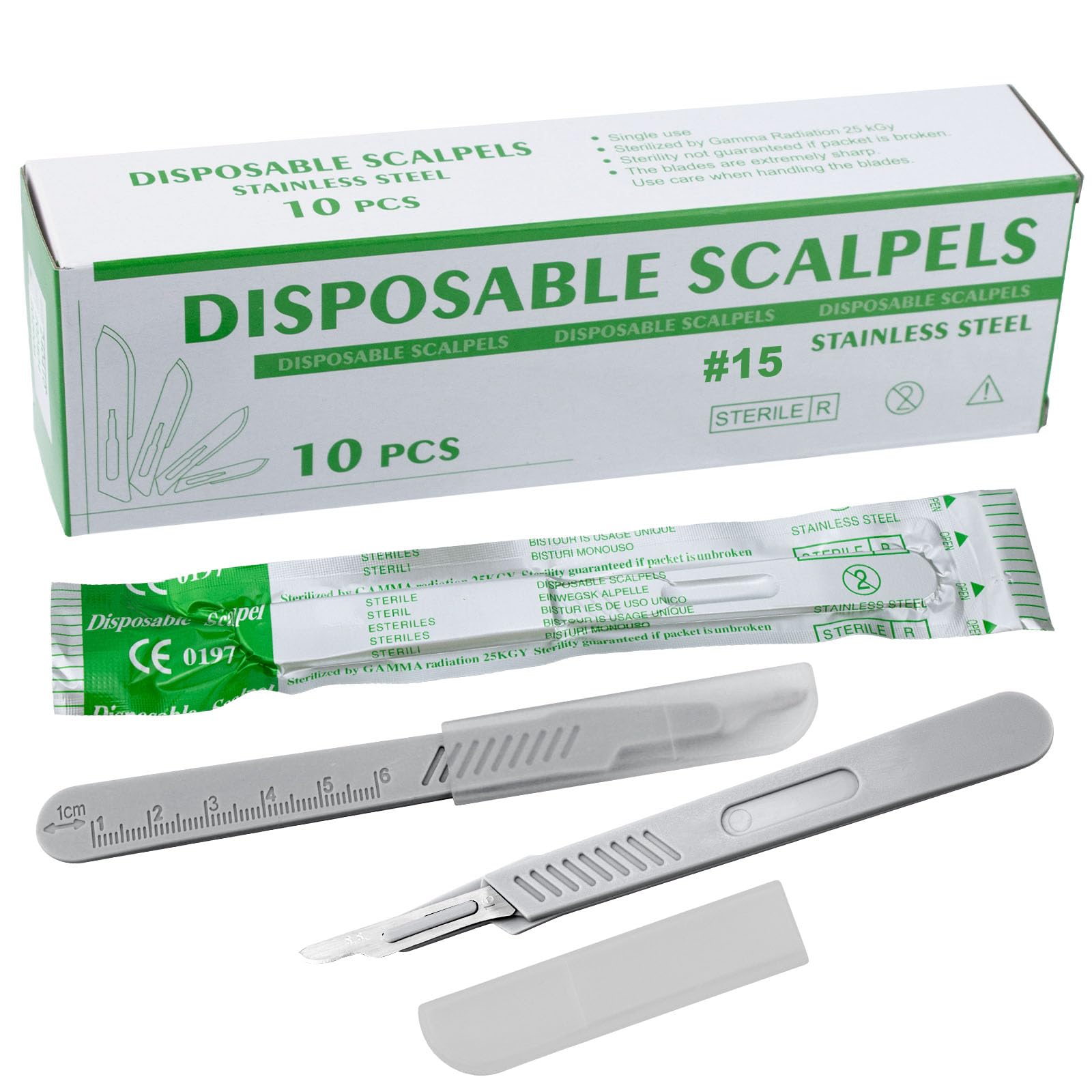 10 PCs Dental Grade #15 Surgical Sterile Stainless Steel Blades with Disposable Scalpels by VASTMED | Plastic Handle | Individually Wrapped High Stainless Steel Dermablade Surgical Blade