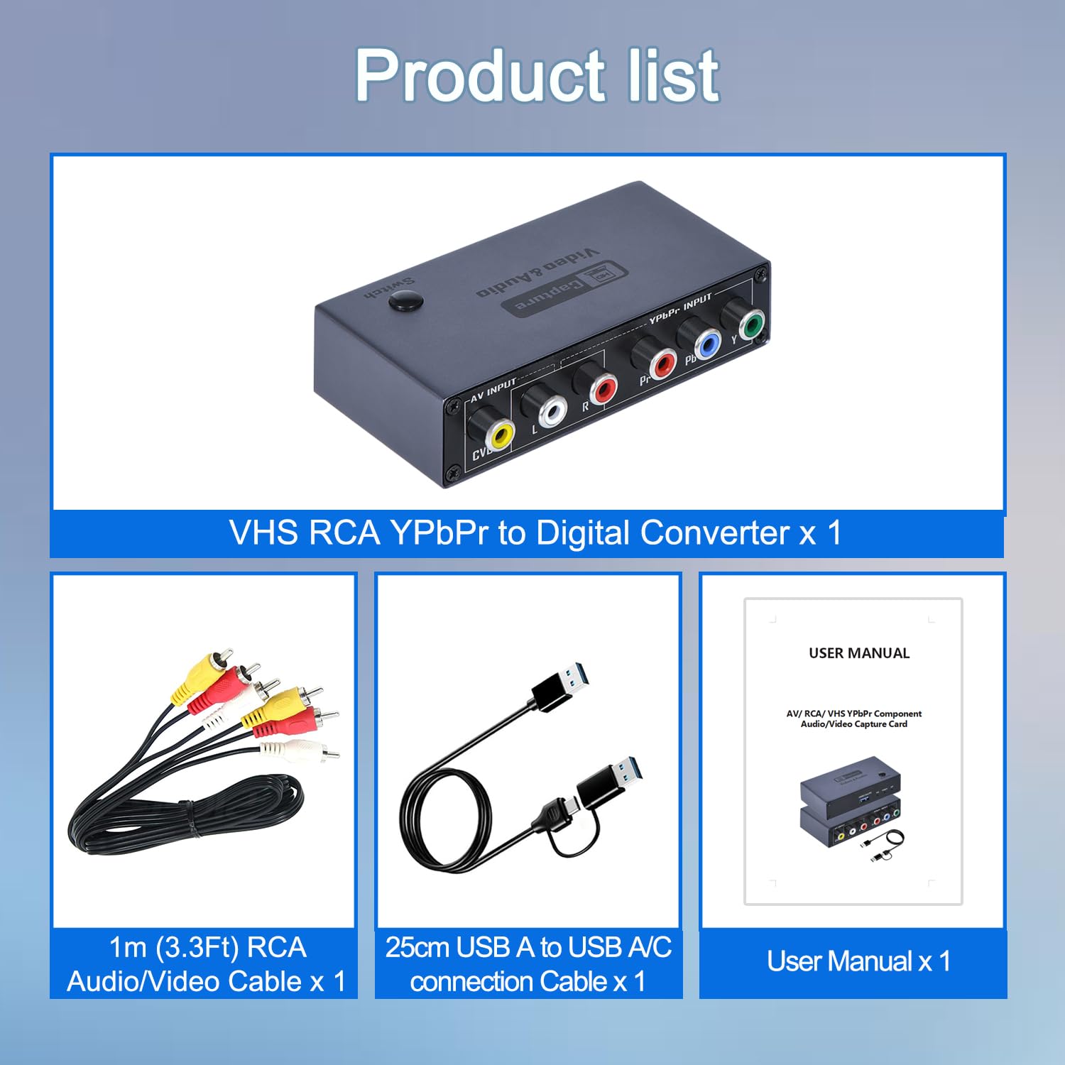 Convertidor VHS VCR RCA a digital, componente AV YPbPr a captura de video USB | Entrada de señal AV RCA YPbPr, salida digital USB 2.0 aplicable para consolas de juegos retro VHS, VCR, DVD, DVR
