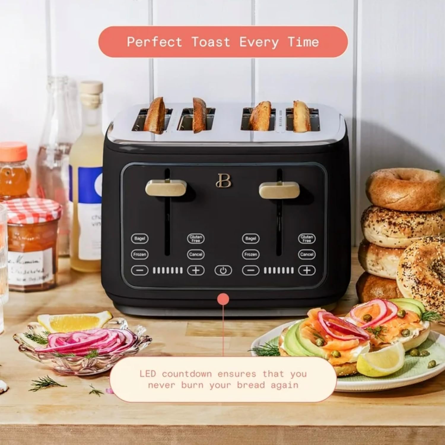 Modern 4-Slot Toaster with Touch-Activated Display, Black Sesame by Drew Barrymore