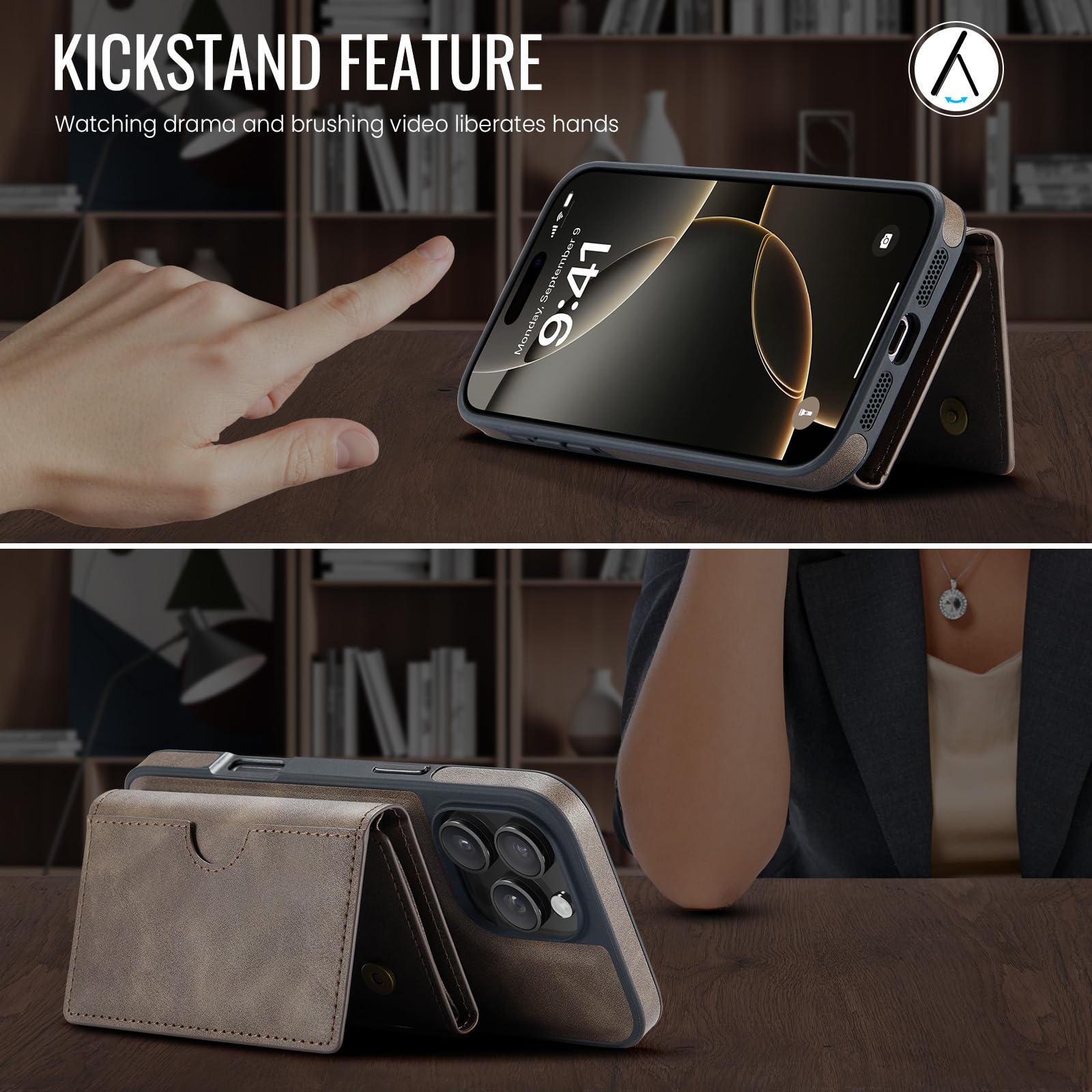Asuwish Funda de teléfono para iPhone 16 Pro de 6.3 pulgadas, funda magnética desmontable con carga inalámbrica y bloqueo RFID, tarjetero de crédito, soporte abatible, resistente para iPhone 16, i16,