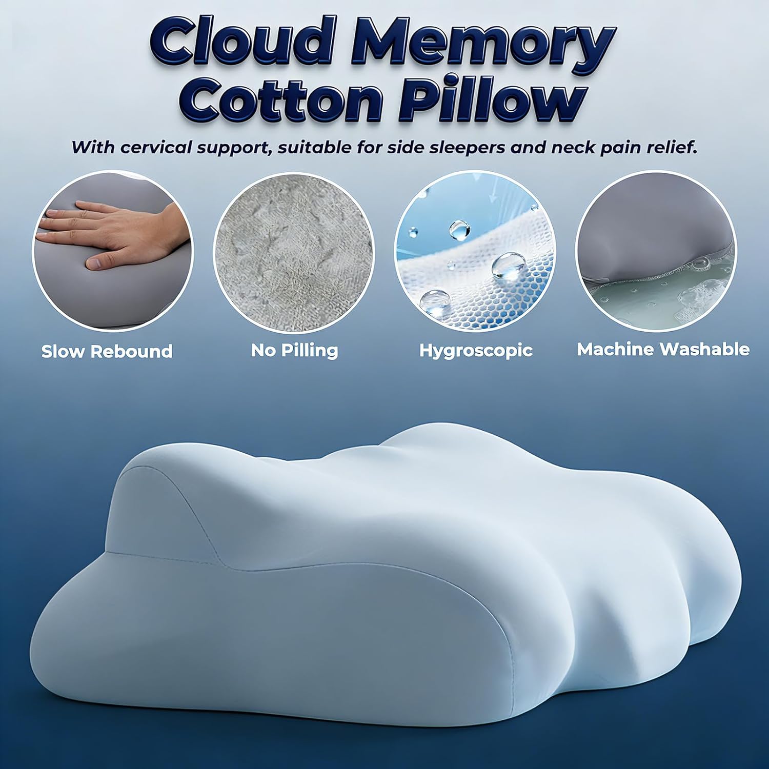 Cloud Pillow - Ergonomic Memory Foam Pillow with Cervical Support for Side Sleeper & Neck Pain Relief, Adjustable Contour Cooling Pillow for Adults, Back and Stomach Sleepers Alignment Support