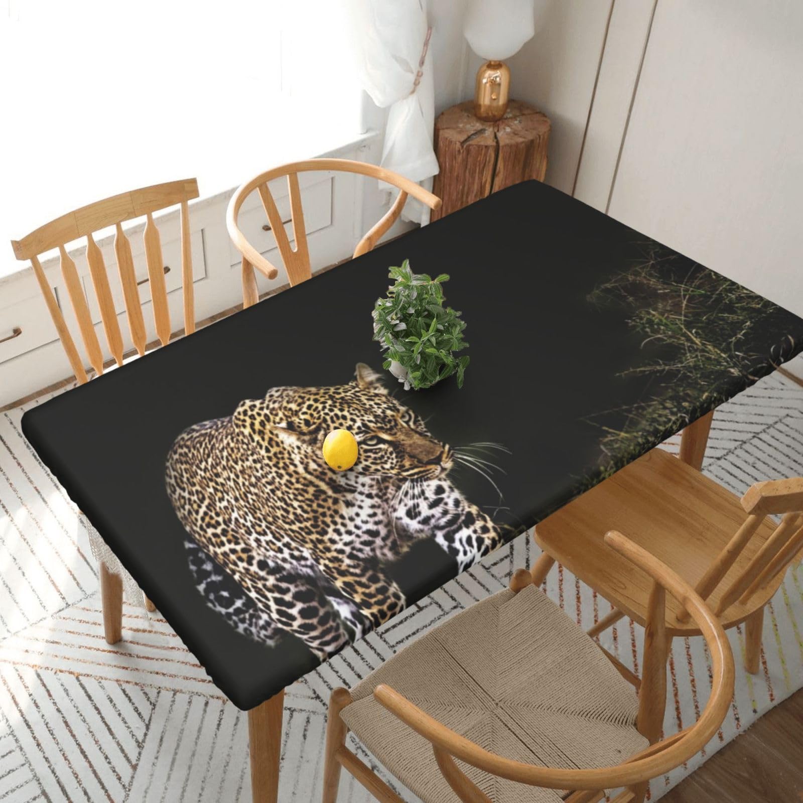 DCEHGEW Elastic Fitted Rectangle Tablecloth for 5ft Tables, Wild Animals Cheetah Printed Oilproof & Washable Fabric Picnic Table Cloth Table Covers